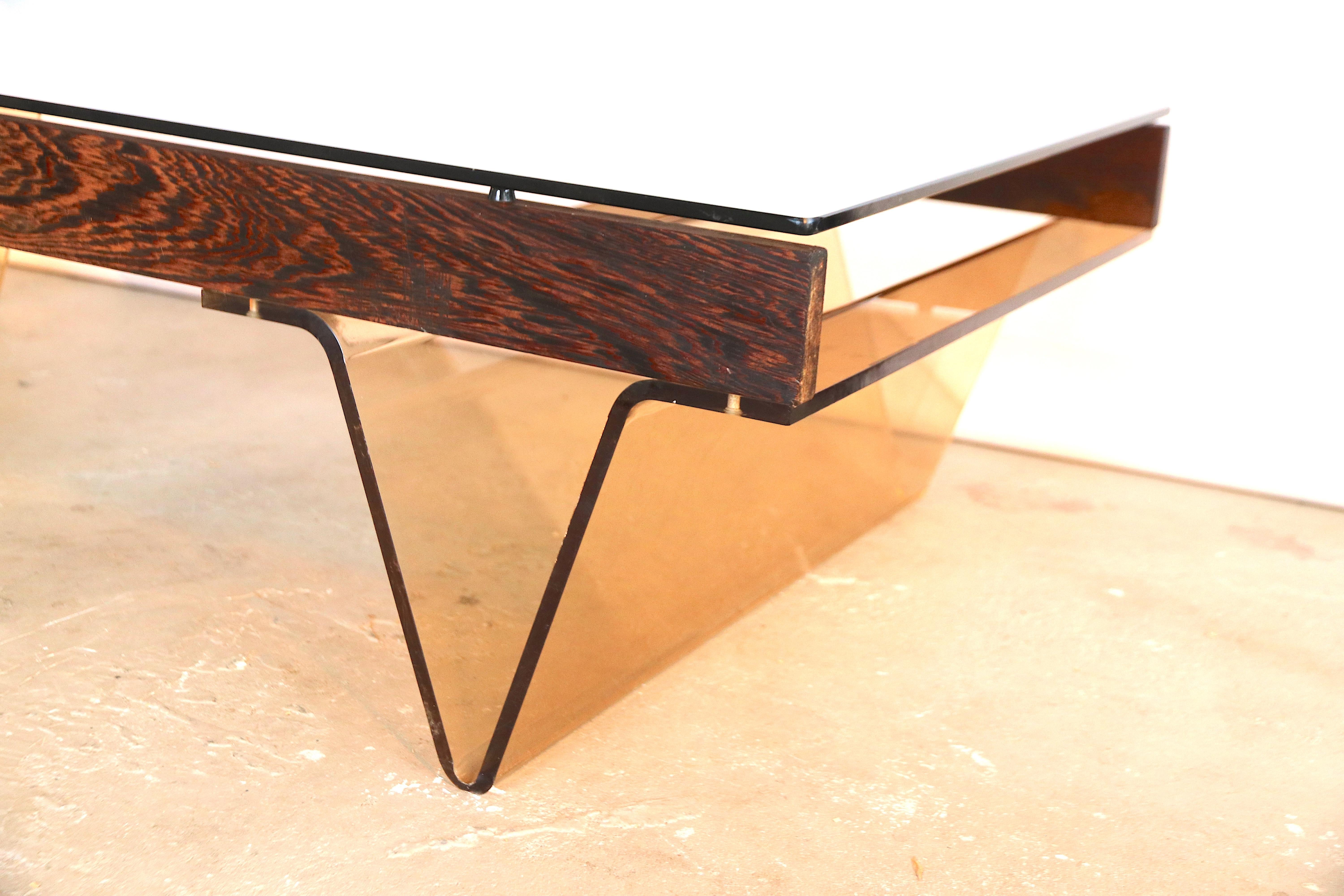 Roche Bobois Wengé Low Coffee Table VShaped Smoked Acrylic and Glass