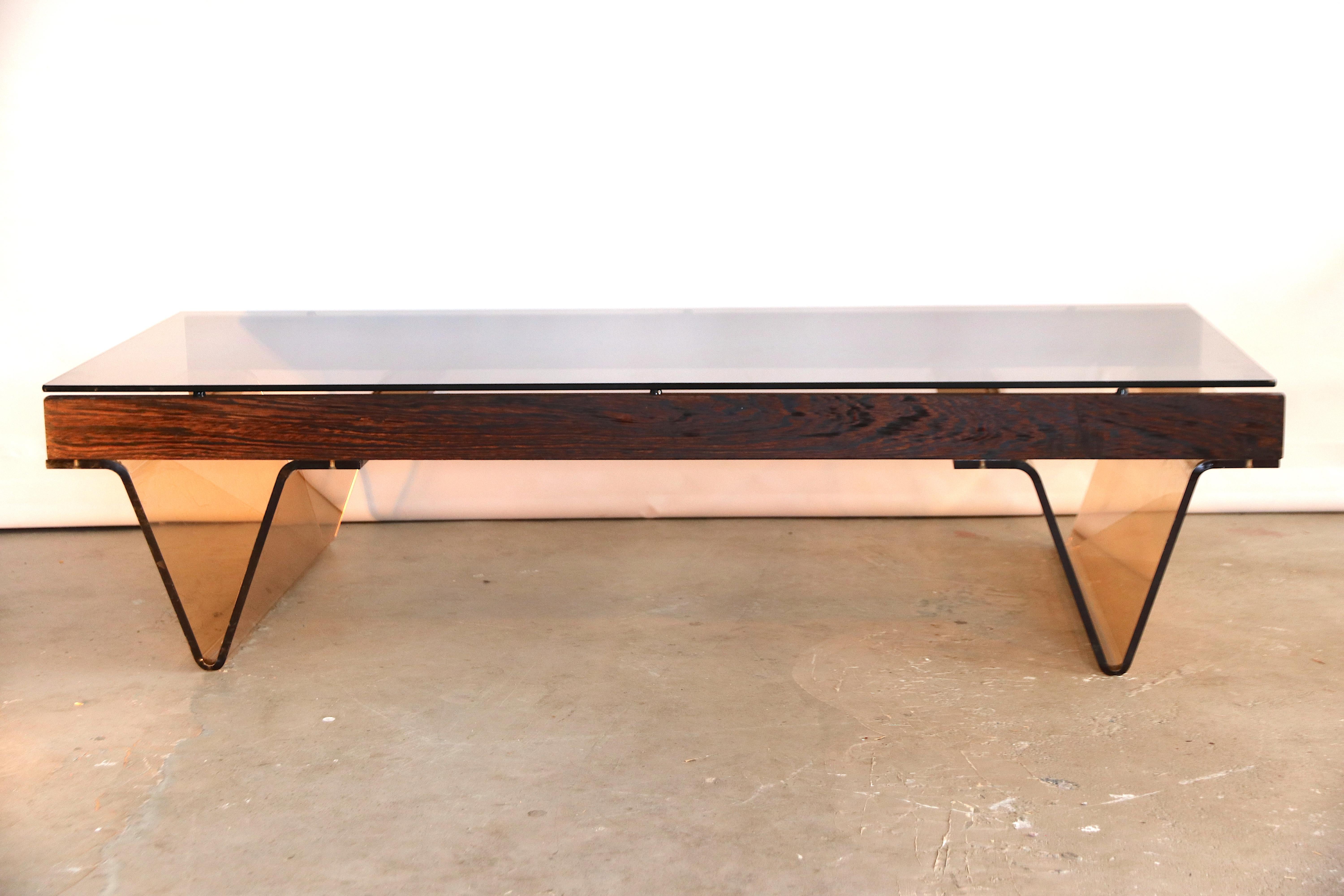 Roche Bobois Wengé Low Coffee Table VShaped Smoked Acrylic and Glass