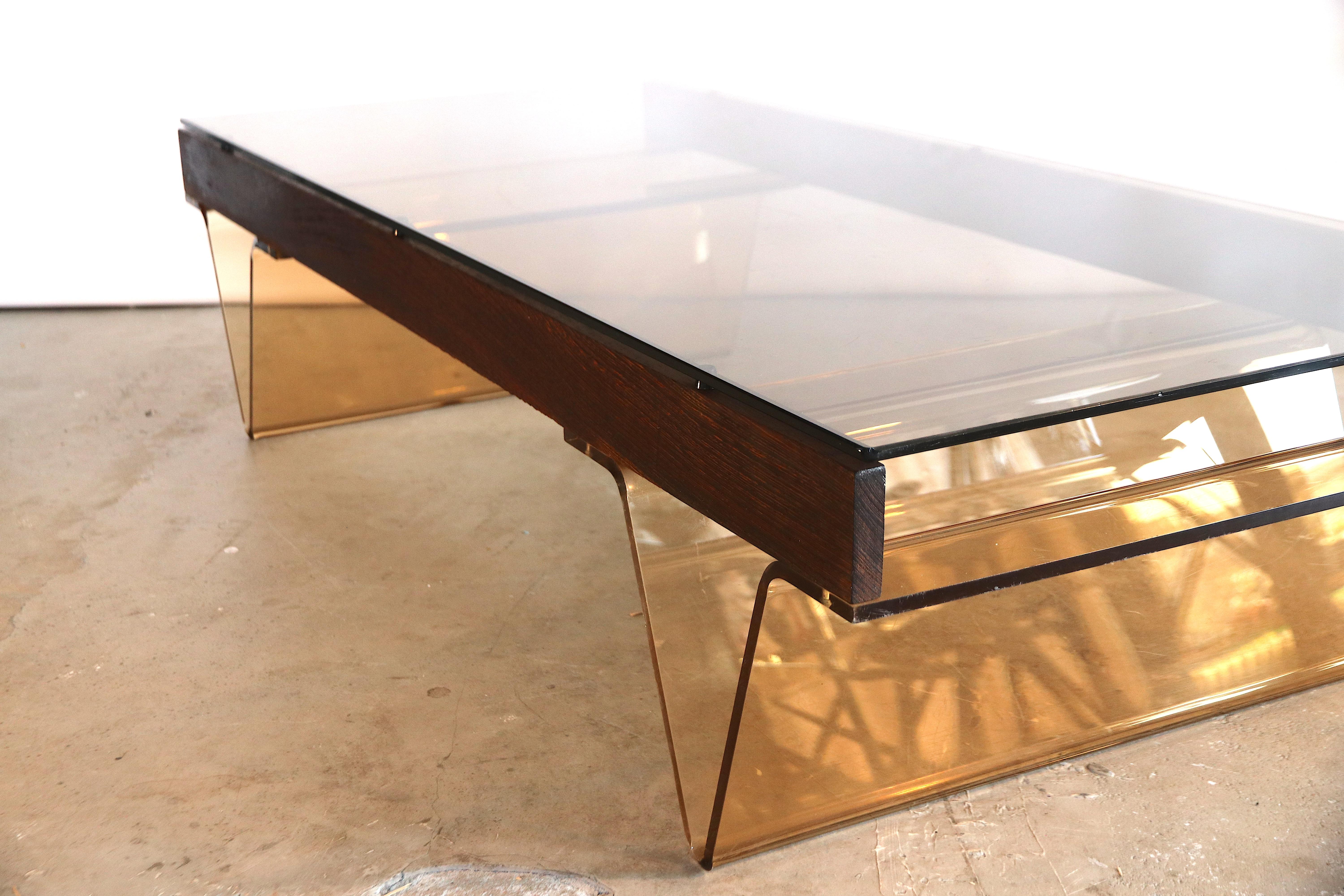 Mid-Century Modern Roche Bobois Wengé Low Coffee Table V-Shaped Smoked Acrylic and Glass