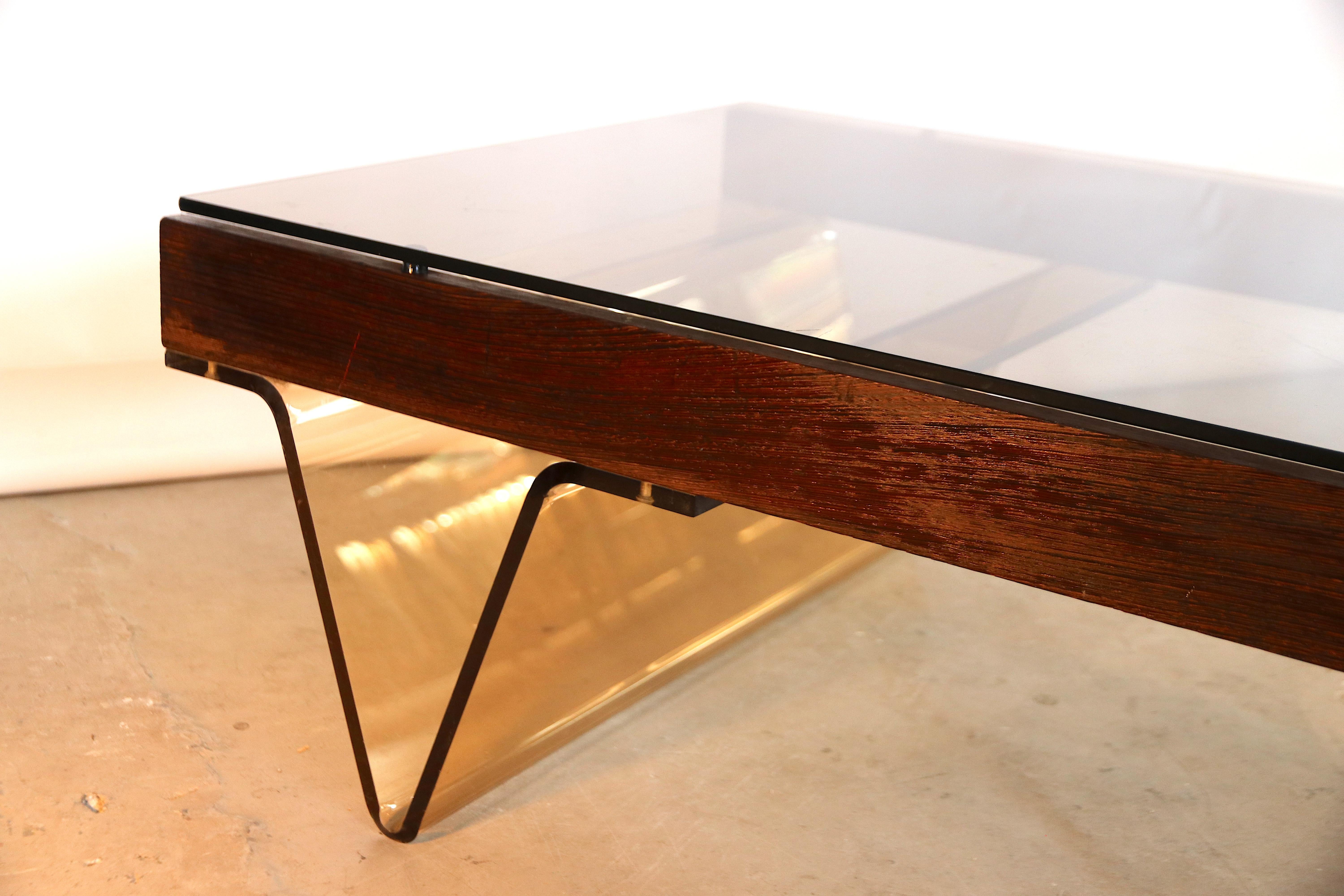 French Roche Bobois Wengé Low Coffee Table V-Shaped Smoked Acrylic and Glass