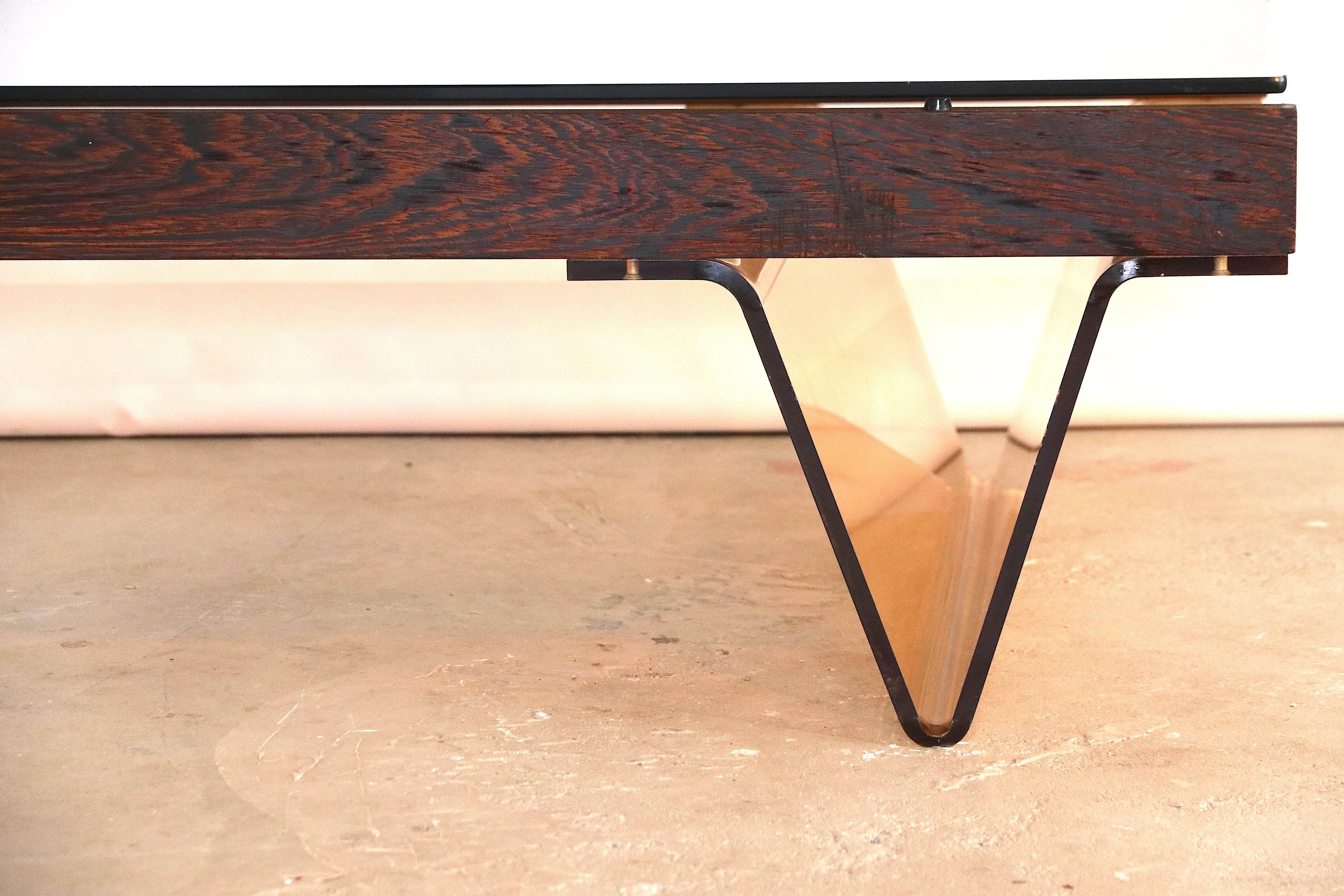 Roche Bobois Wengé Low Coffee Table V-Shaped Smoked Acrylic and Glass In Good Condition In Amsterdam, NL