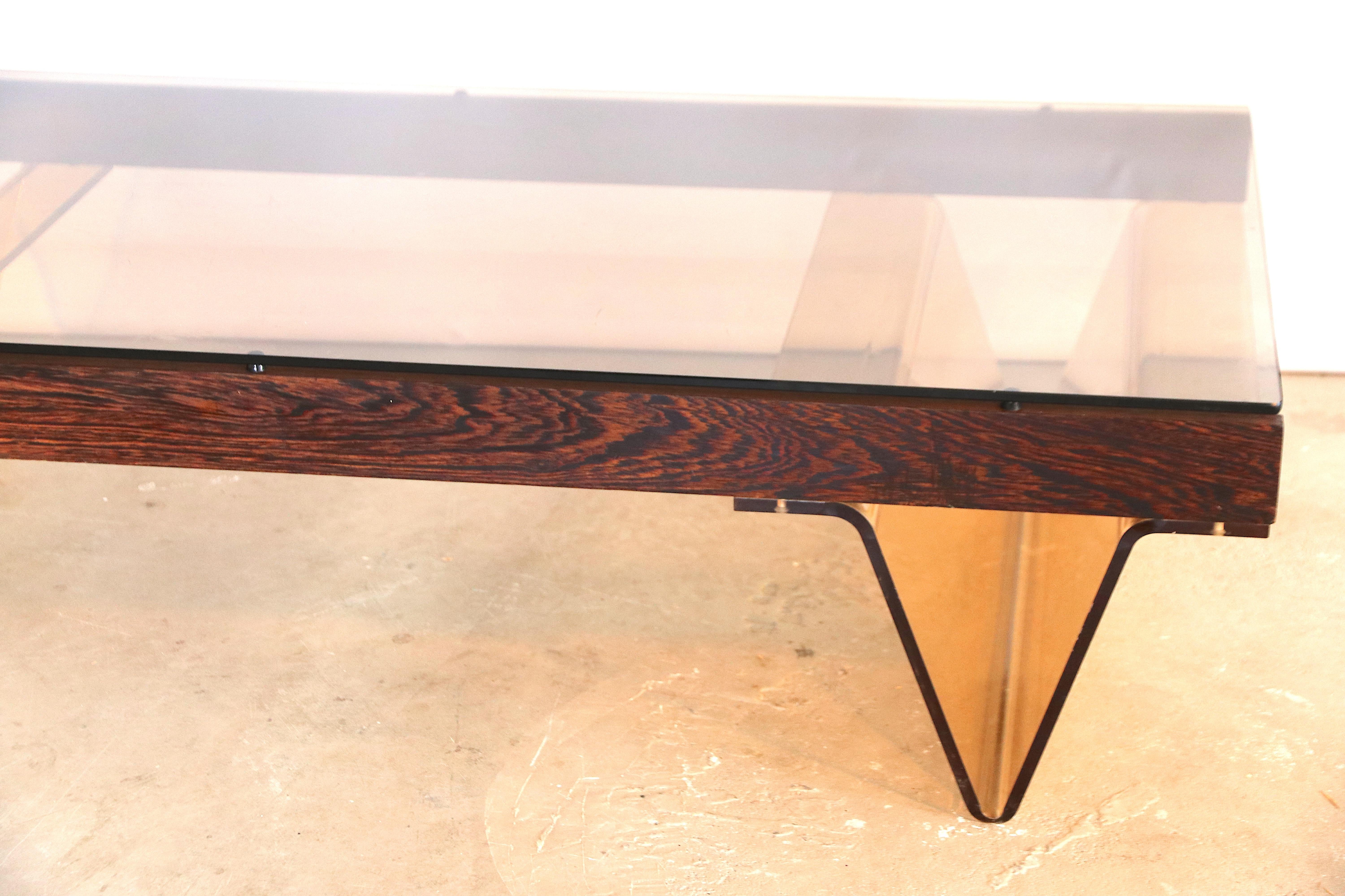 Late 20th Century Roche Bobois Wengé Low Coffee Table V-Shaped Smoked Acrylic and Glass
