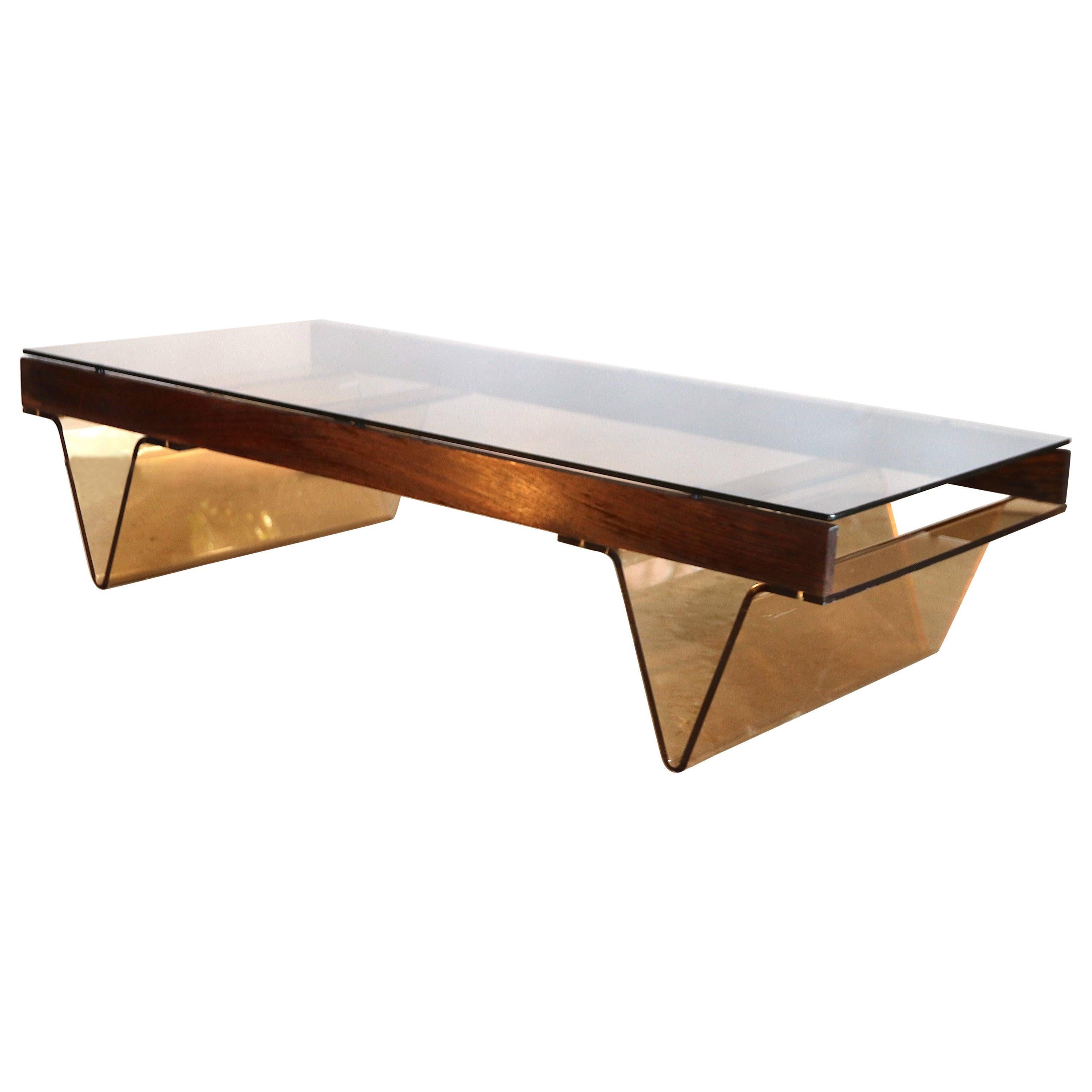 Roche Bobois Wengé Low Coffee Table V-Shaped Smoked Acrylic and Glass