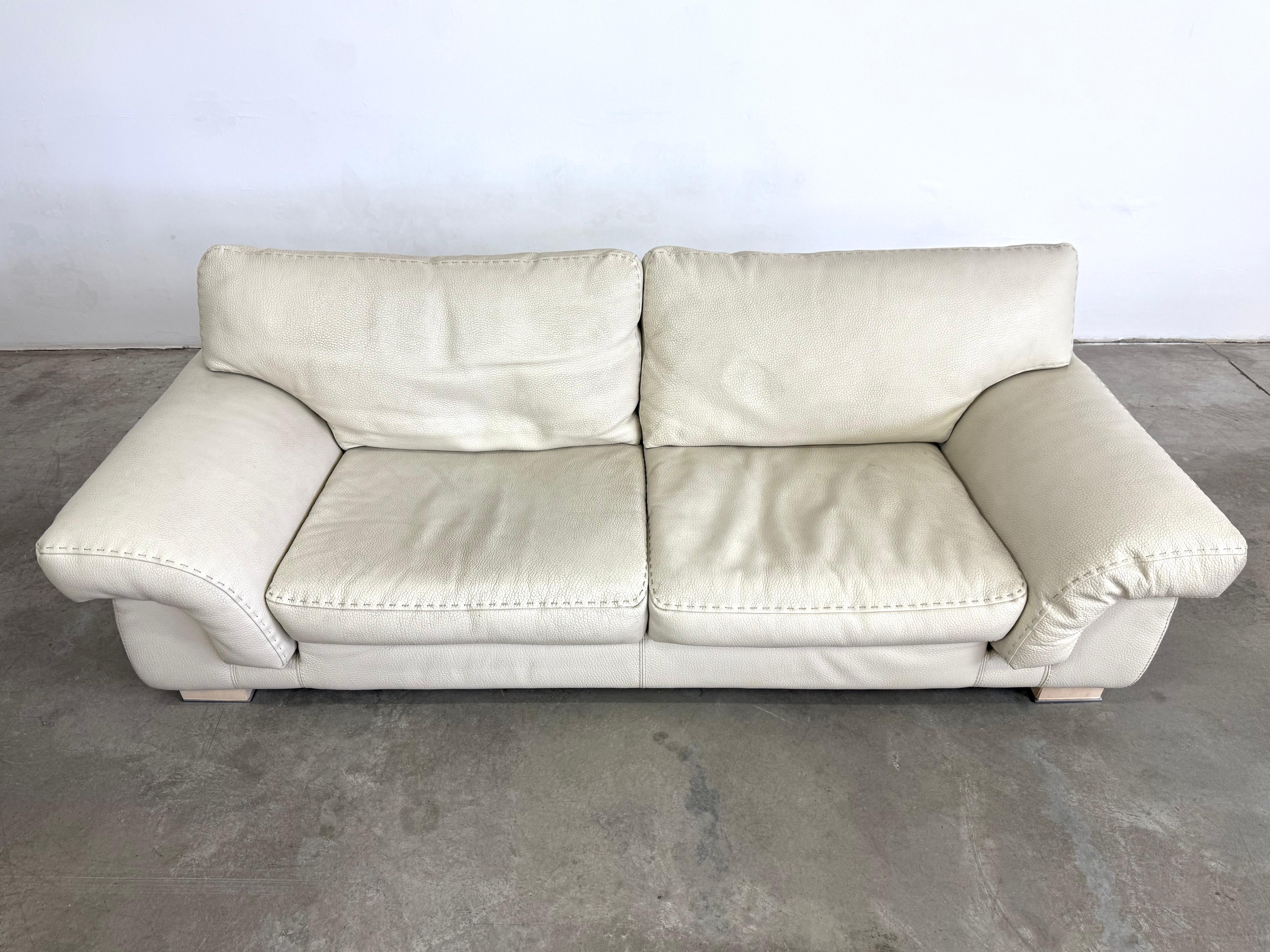 Mid-Century Modern Roche Bobois White Leather Sofa For Sale