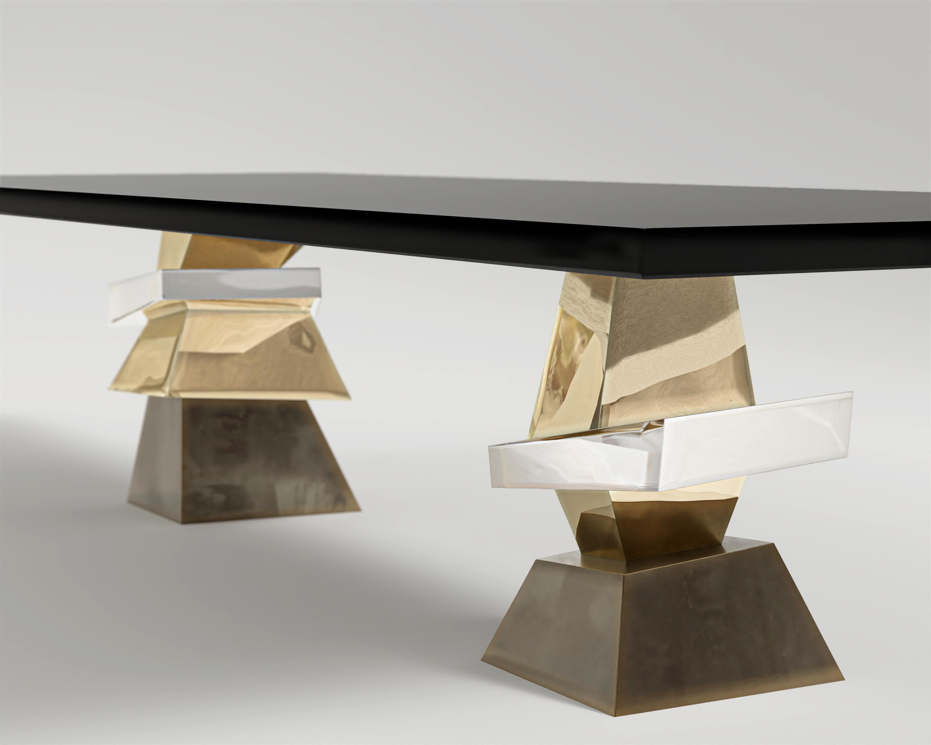 Acier inoxydable Table de salle à manger Roche en bronze poli, inox et bronze patiné par Meubles Palena  en vente