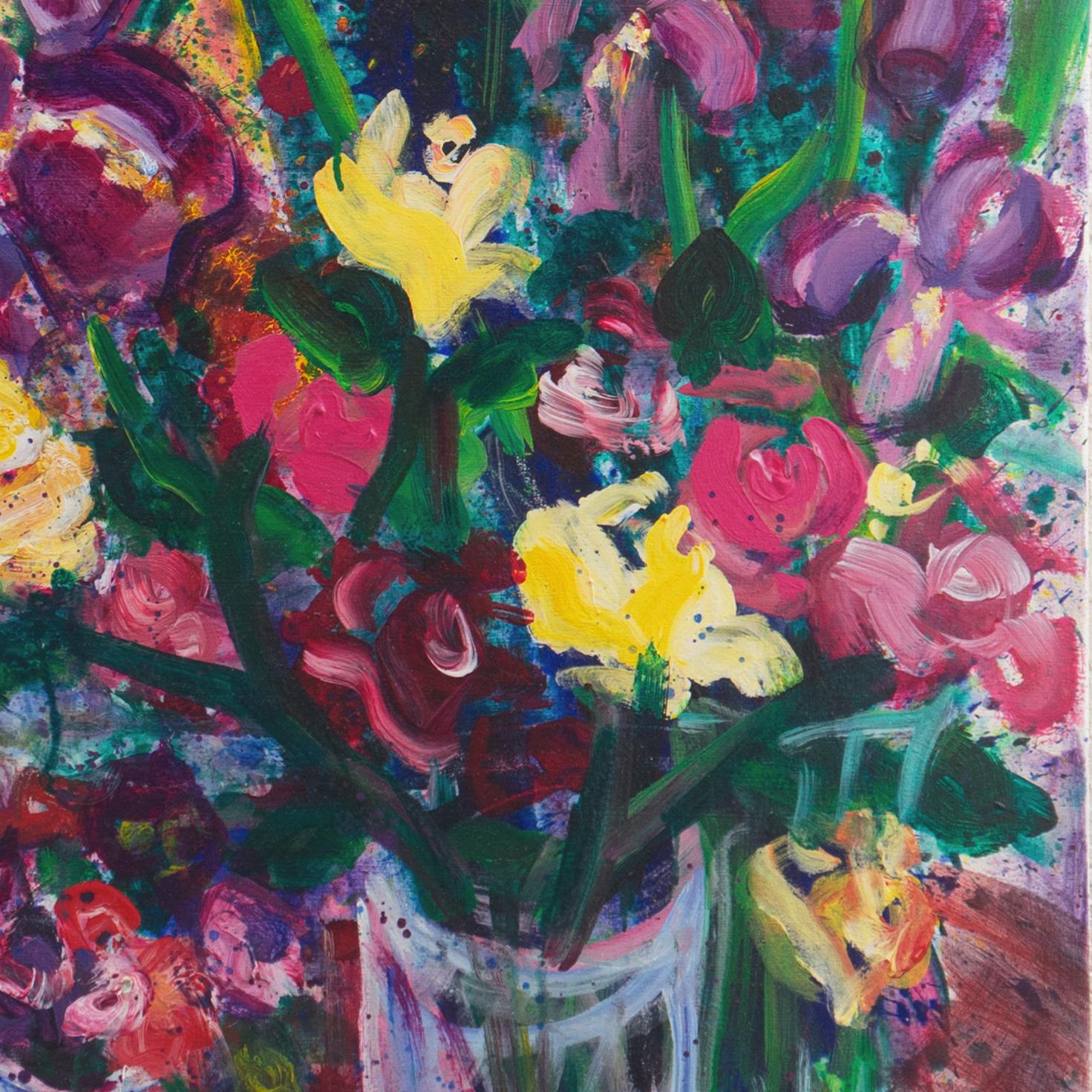 Signed lower right, 'Rochelle' for Rochelle Tietze (American, born 1952); additionally signed, verso, 'Rochelle Tietze', dated '1994' and titled, 'Spring Bouquet II'.

A large and vibrant still-life showing a bouquet of Irises and other spring