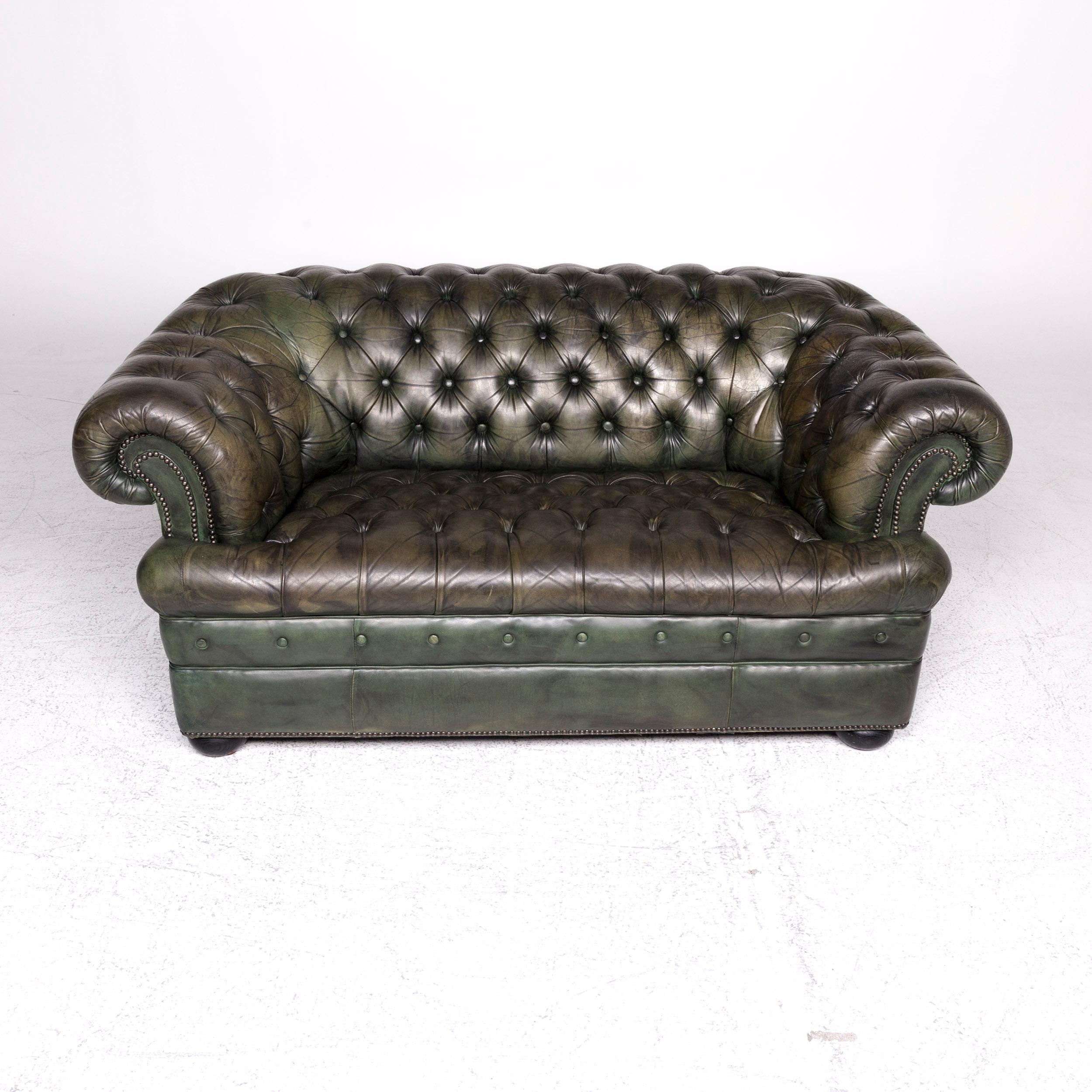 Rochester Chesterfield Leather Sofa Green Two-Seat Couch For Sale 1