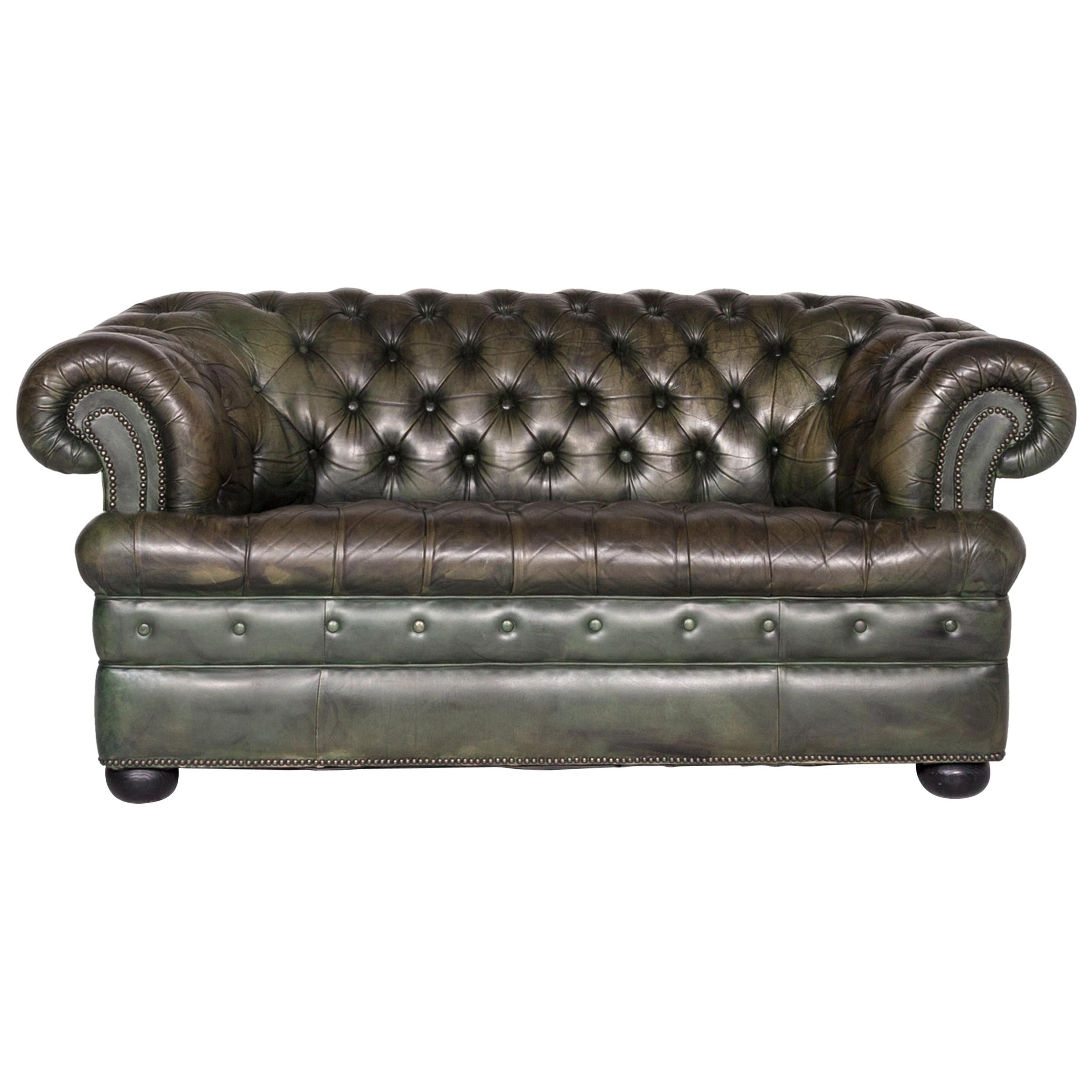 Rochester Chesterfield Leather Sofa Green Two-Seat Couch For Sale