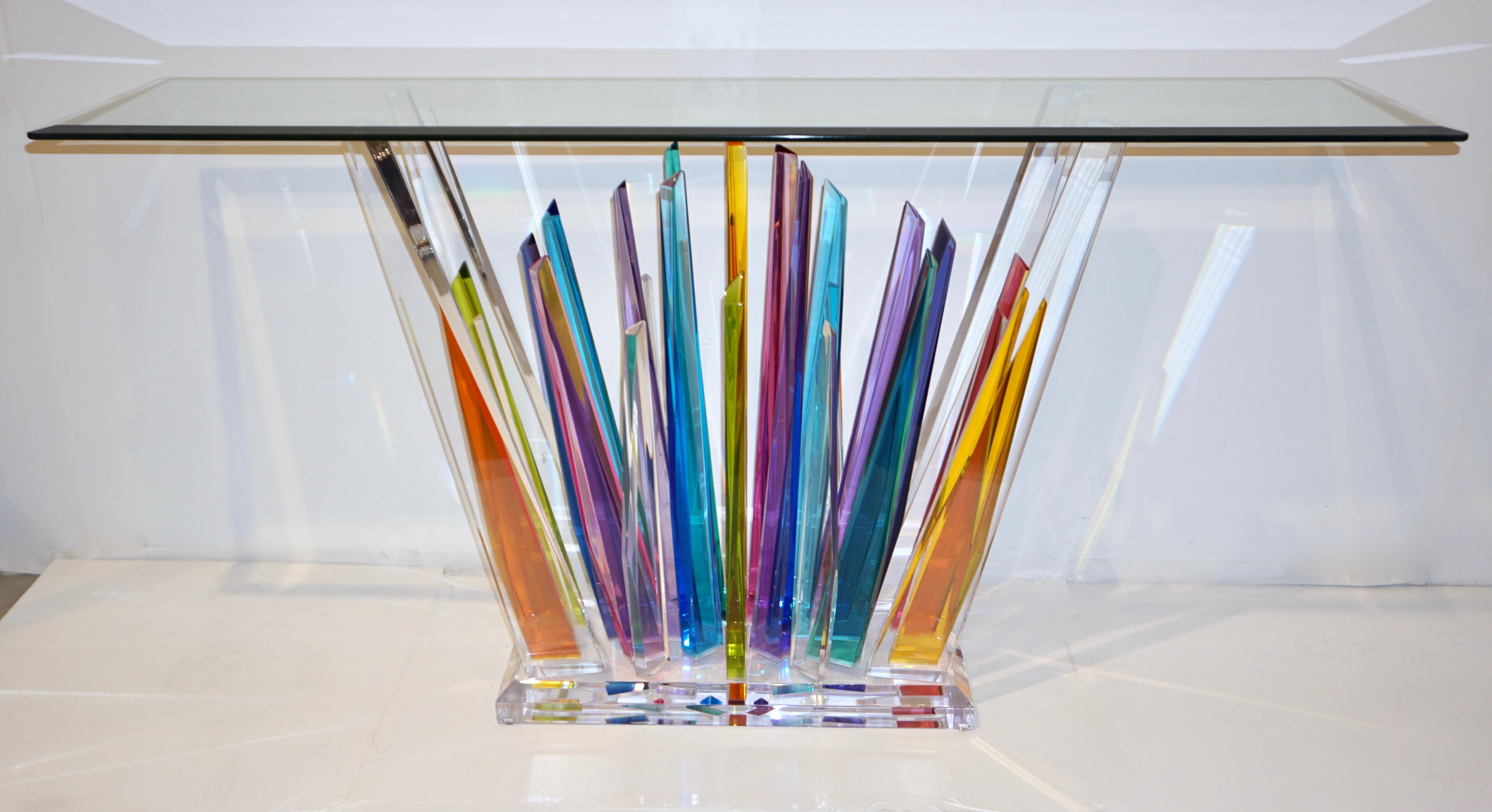 Rock Acrylic Blue Purple Yellow Multi-Color Console with Clear Beveled Glass Top 4