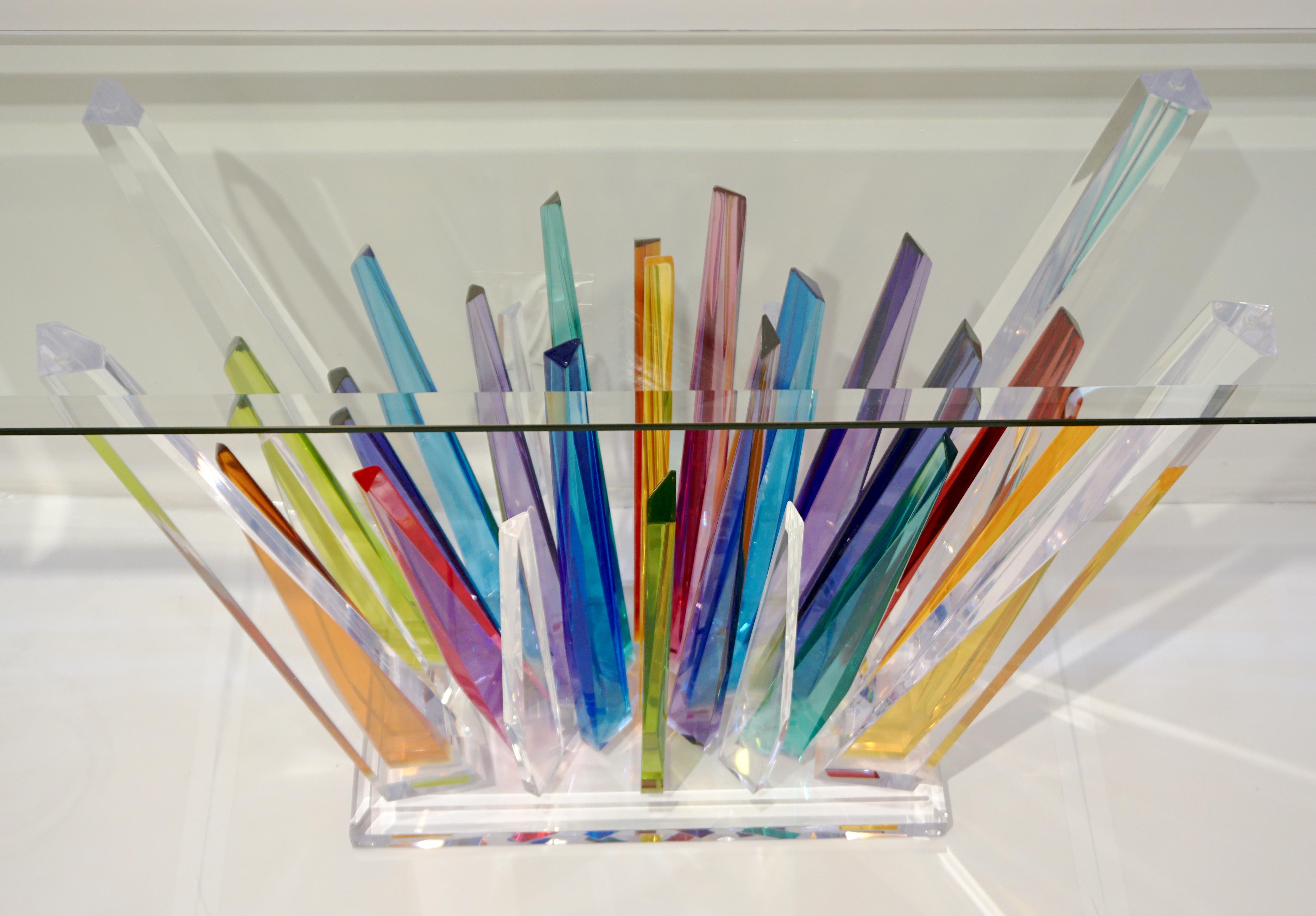 Rock Acrylic Blue Purple Yellow Multi-Color Console with Clear Beveled Glass Top 5