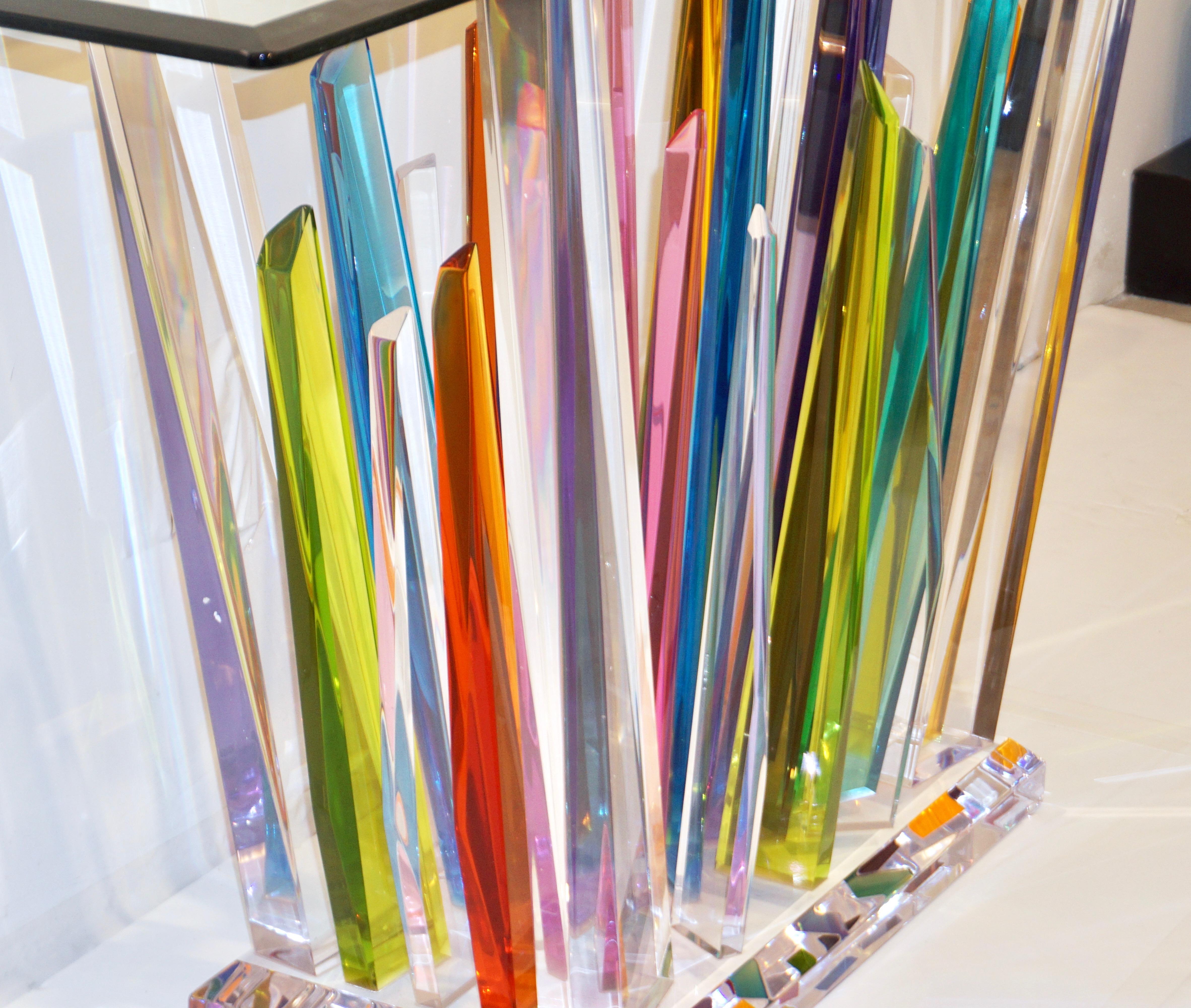Rock Acrylic Blue Purple Yellow Multi-Color Console with Clear Beveled Glass Top 6