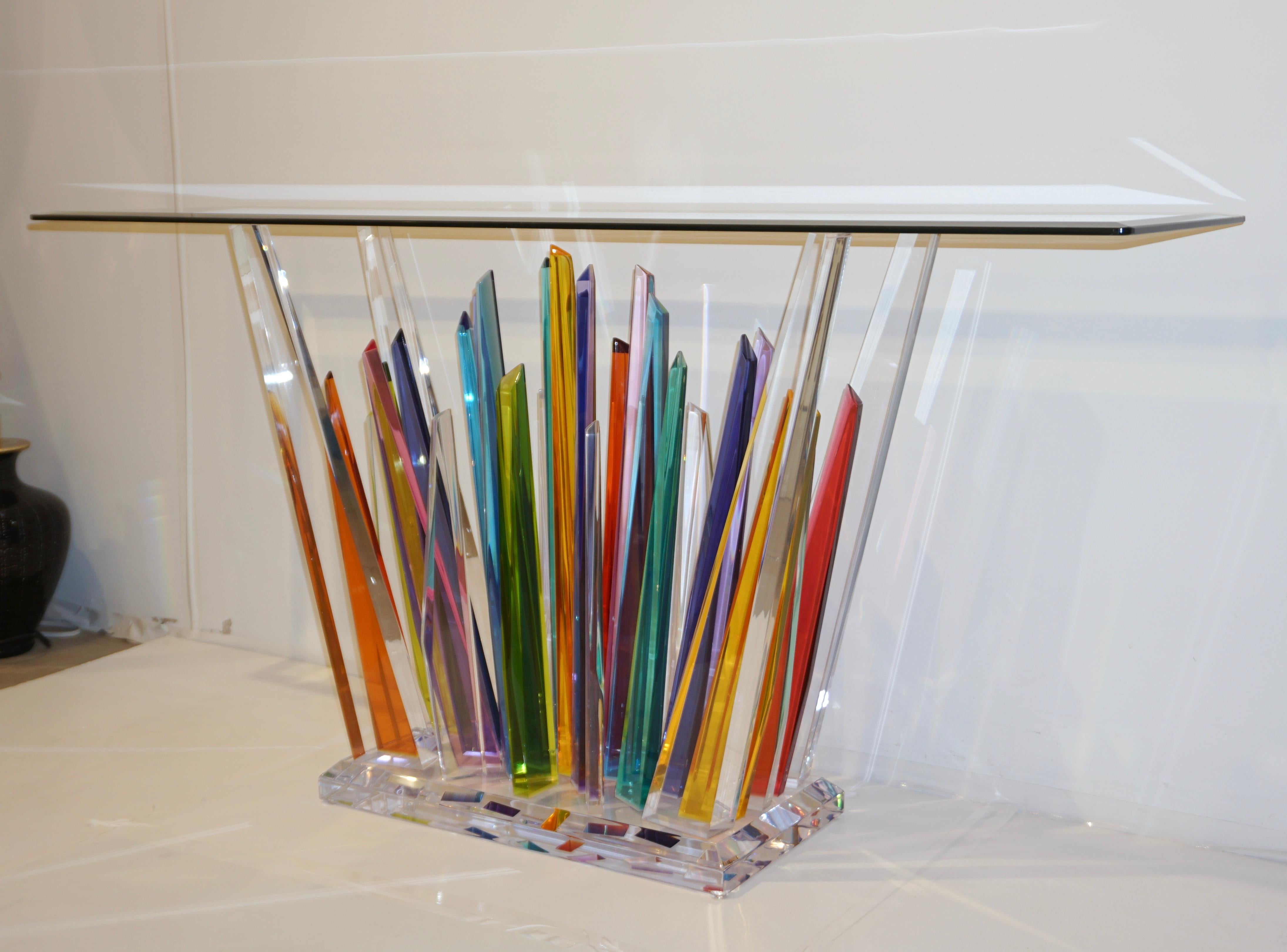 Rock Acrylic Blue Purple Yellow Multi-Color Console with Clear Beveled Glass Top 8