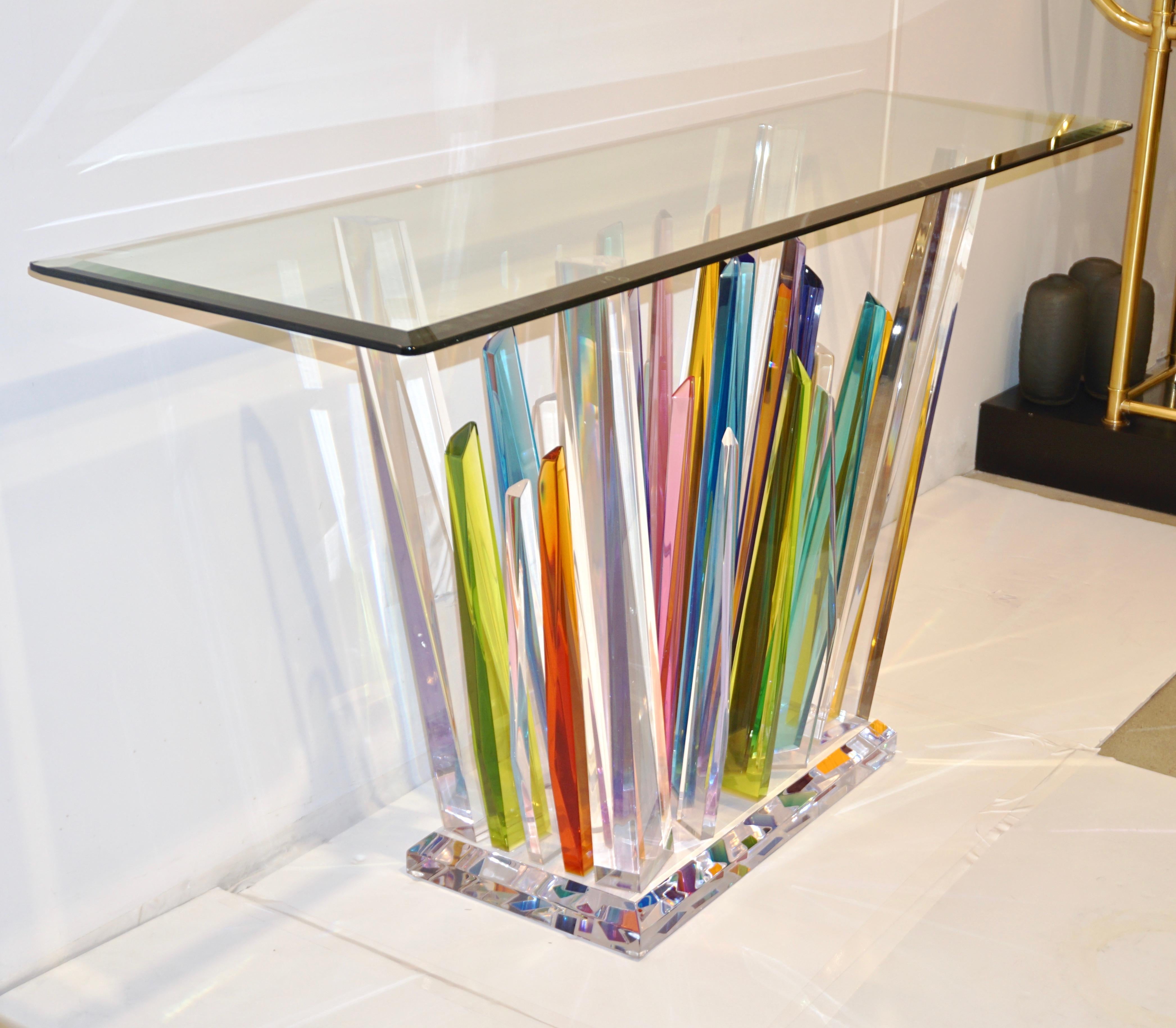 Organic Modern Rock Acrylic Blue Purple Yellow Multi-Color Console with Clear Beveled Glass Top
