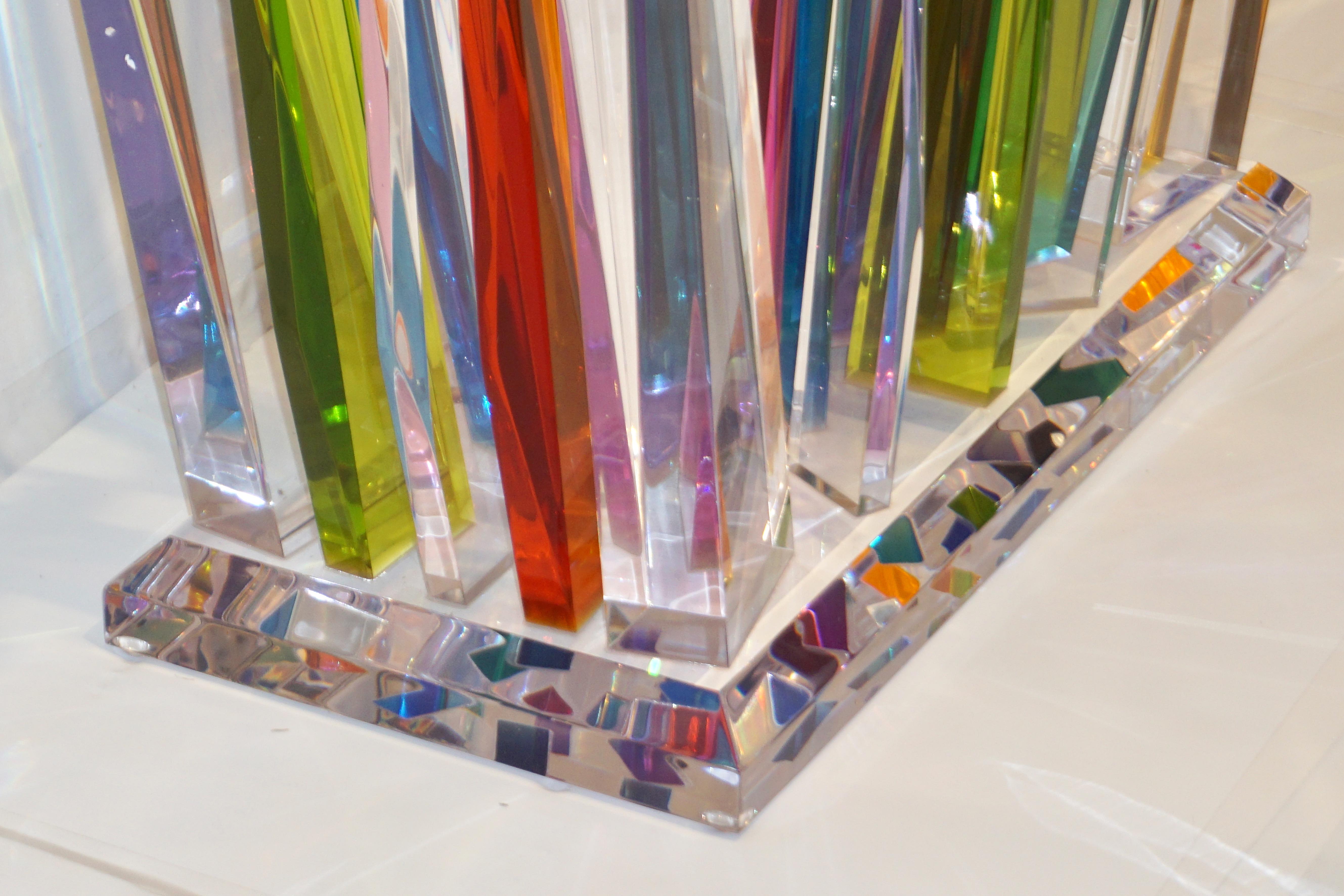 American Rock Acrylic Blue Purple Yellow Multi-Color Console with Clear Beveled Glass Top
