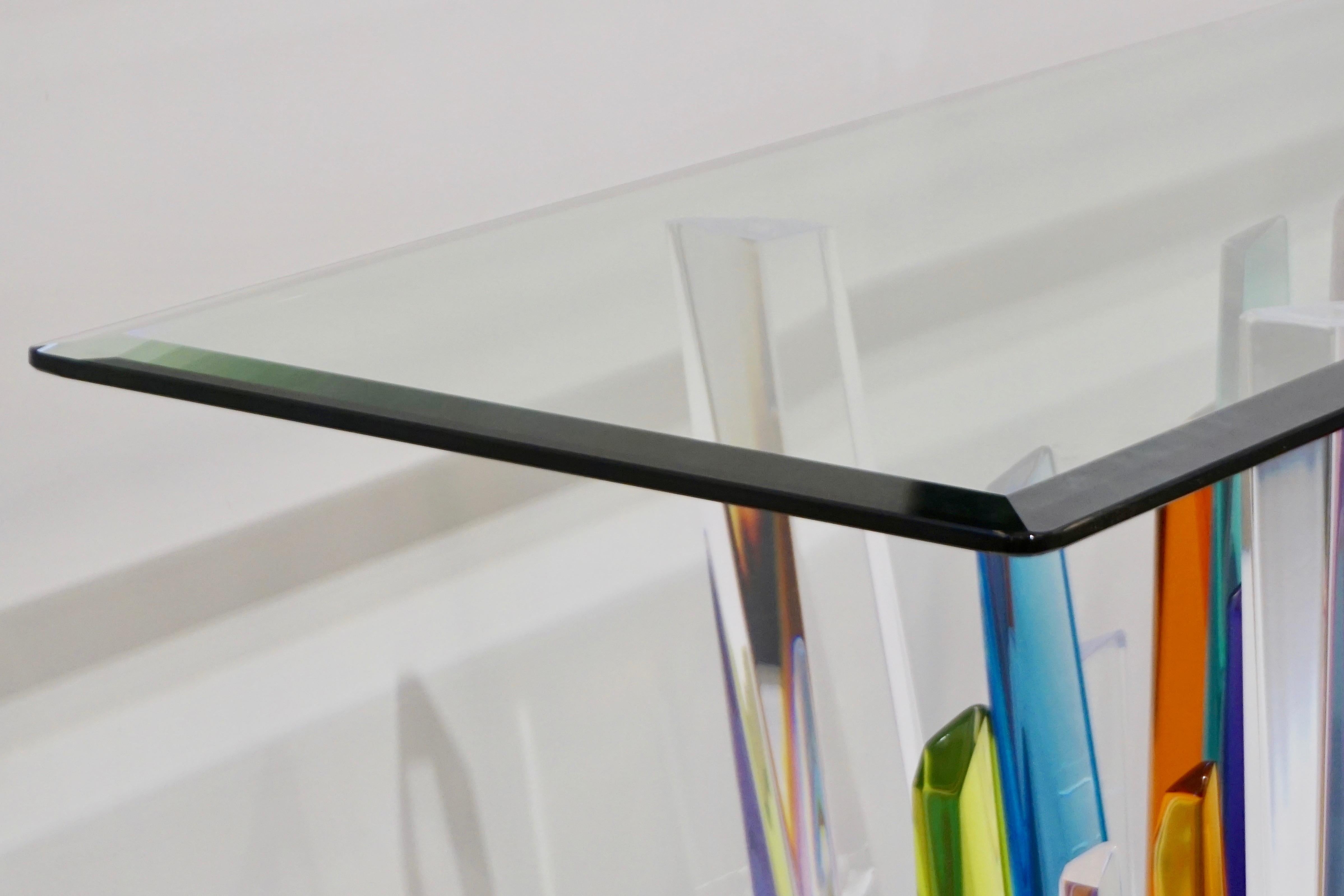 Contemporary Rock Acrylic Blue Purple Yellow Multi-Color Console with Clear Beveled Glass Top