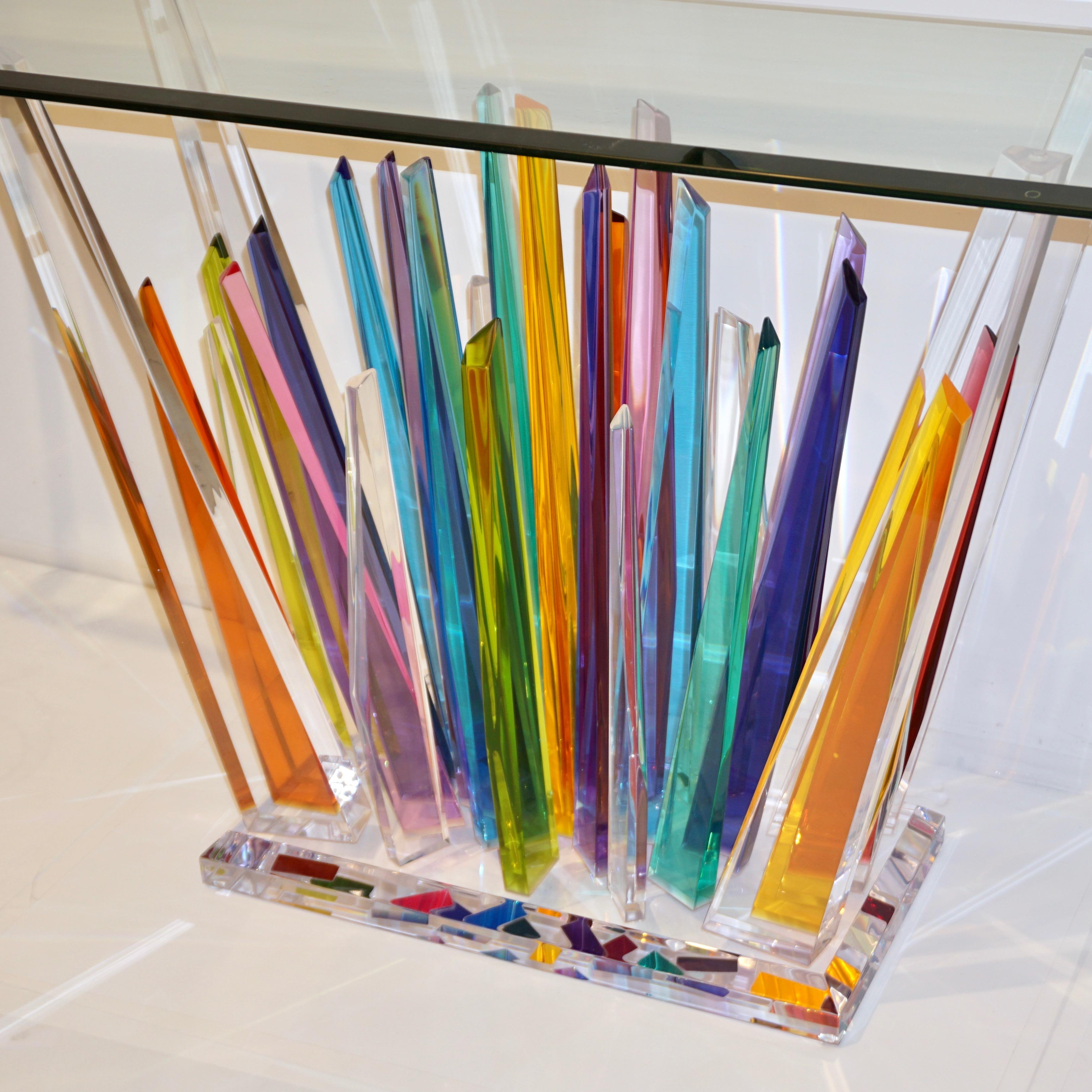 Rock Acrylic Blue Purple Yellow Multi-Color Console with Clear Beveled Glass Top 2
