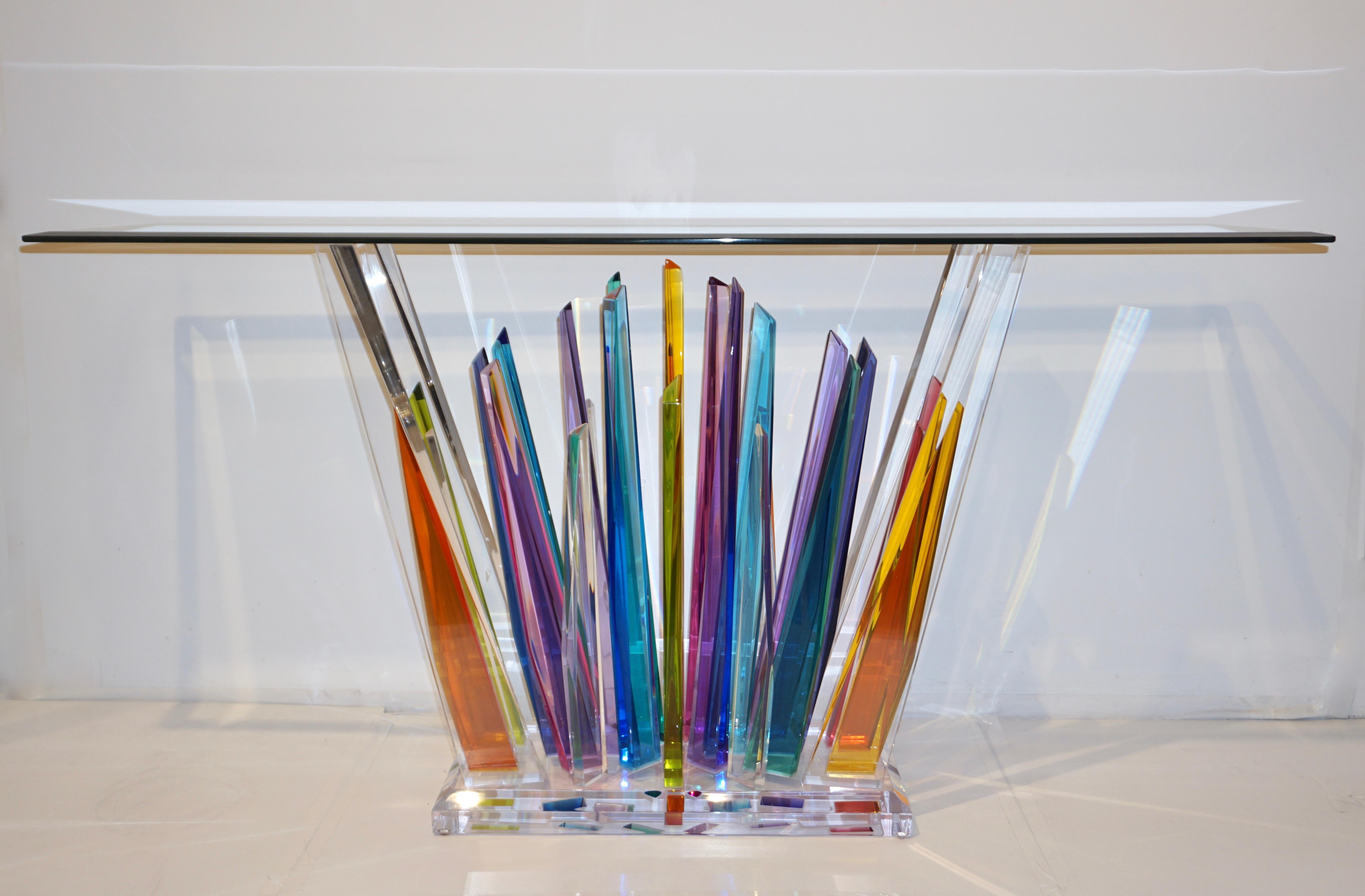 Rock Acrylic Blue Purple Yellow Multi-Color Console with Clear Beveled Glass Top 3
