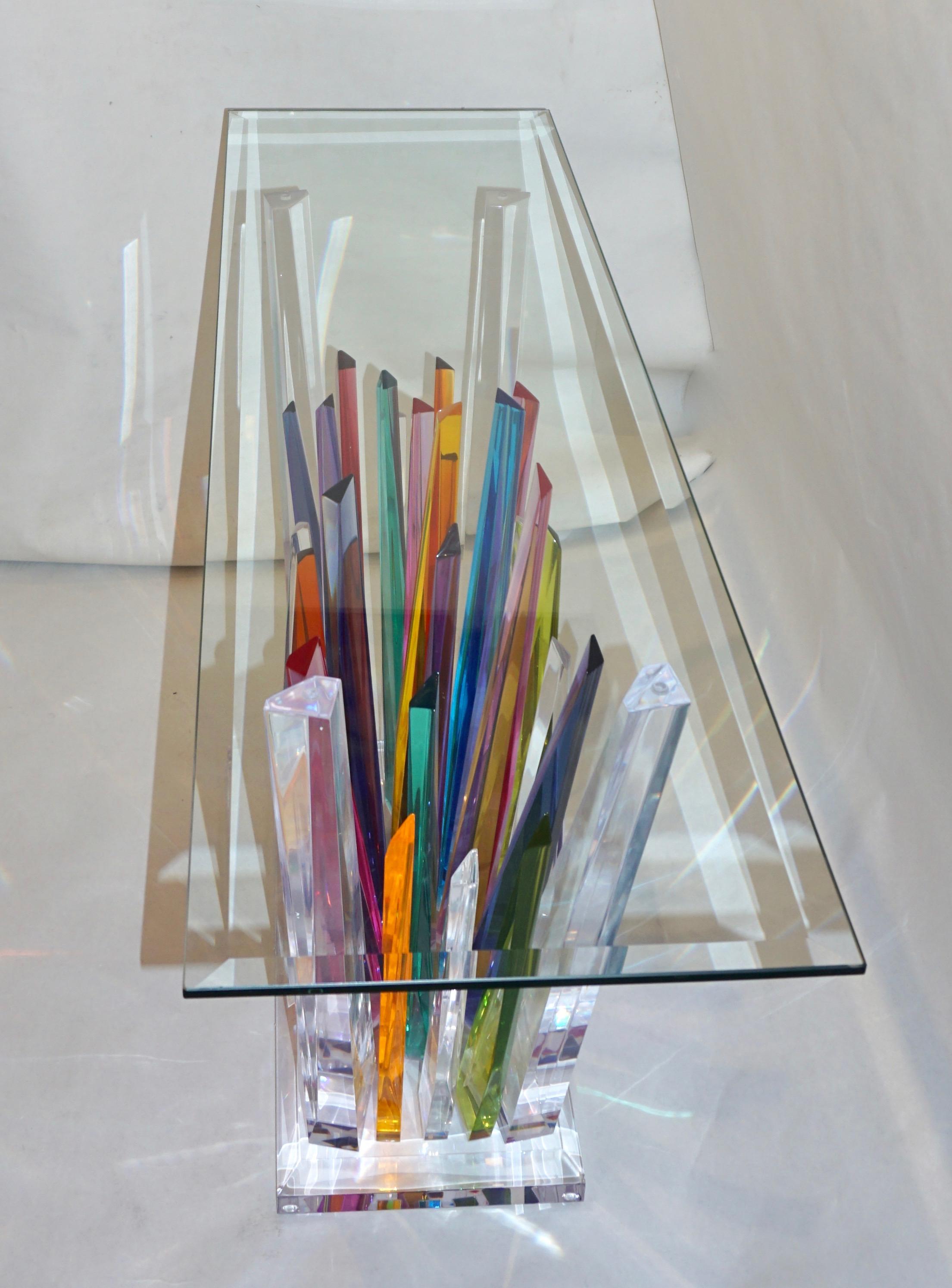 Rock Acrylic Multicolor Console of Abstract Design with Clear Bevelled Glass Top 5