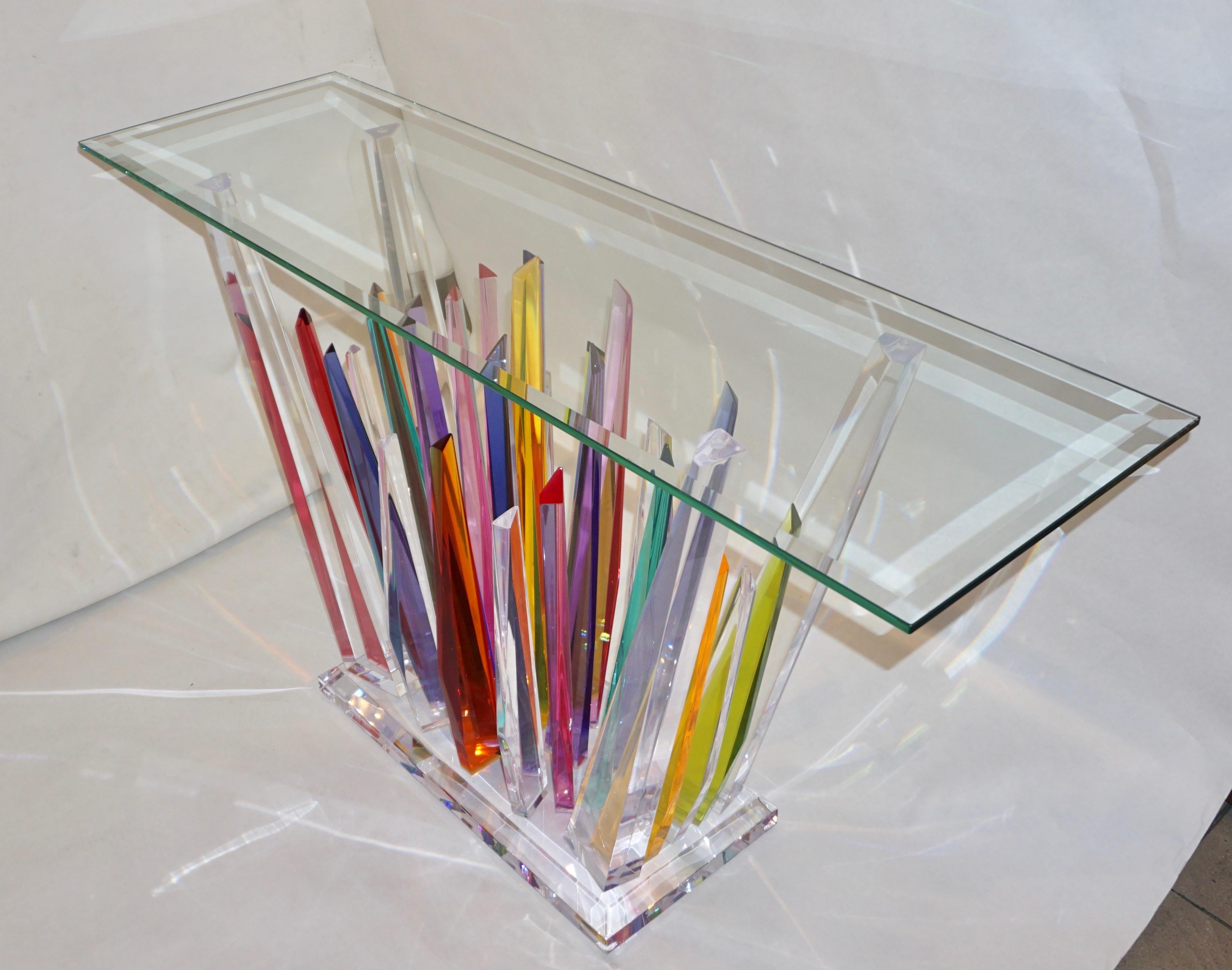 Rock Acrylic Multicolor Console of Abstract Design with Clear Bevelled Glass Top 6