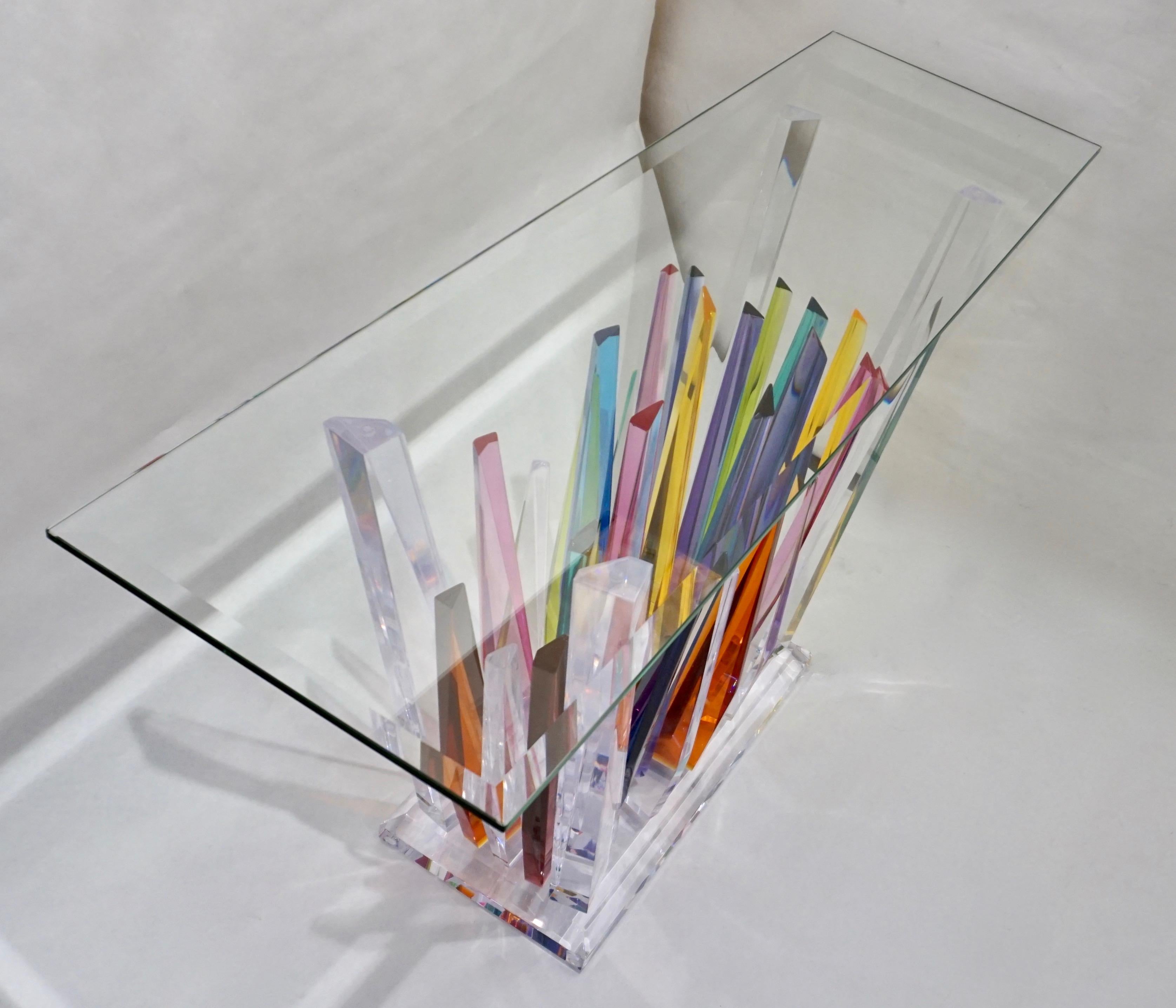 Rock Acrylic Multicolor Console of Abstract Design with Clear Bevelled Glass Top In New Condition In New York, NY