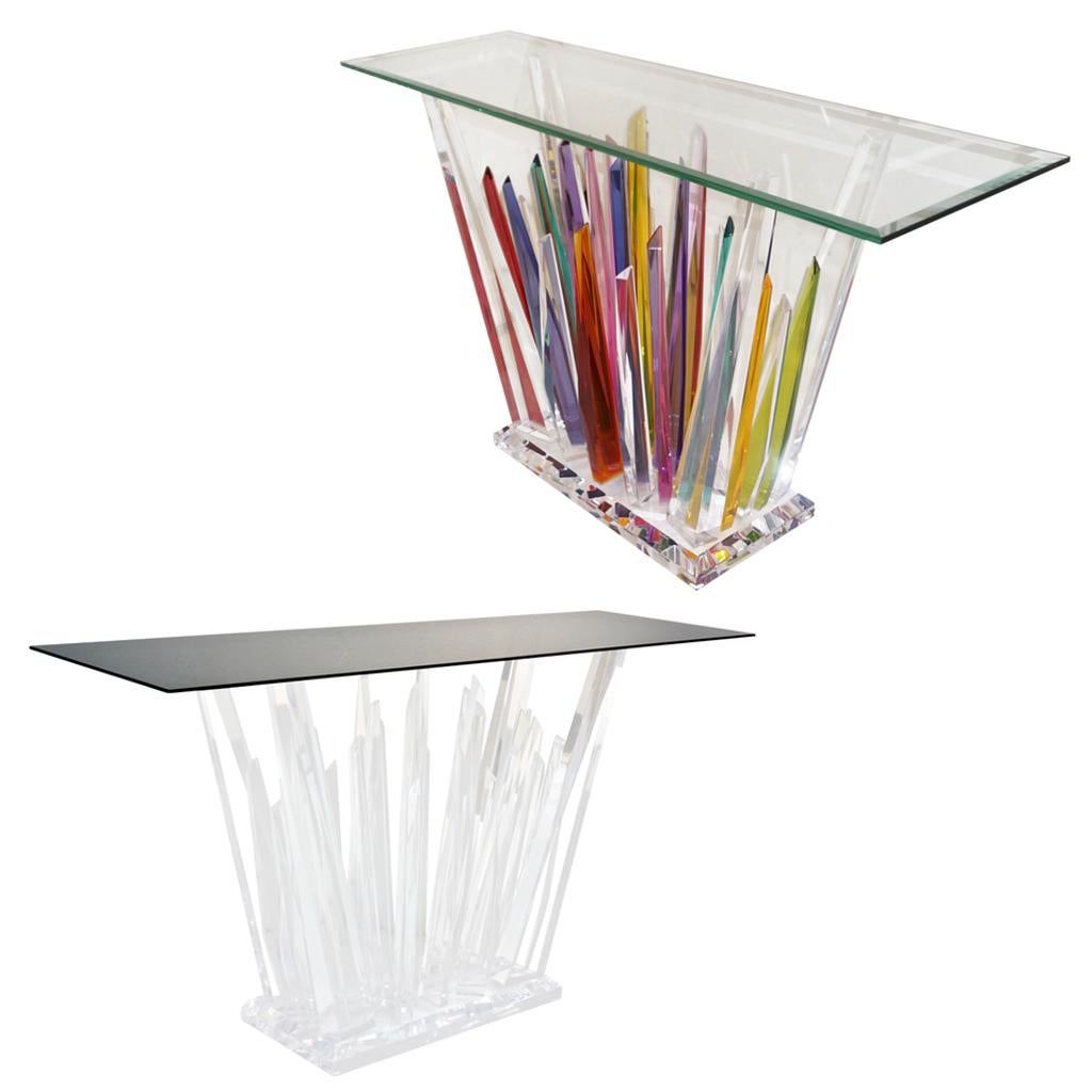 American Rock Acrylic Multicolor Console of Abstract Design with Clear Bevelled Glass Top