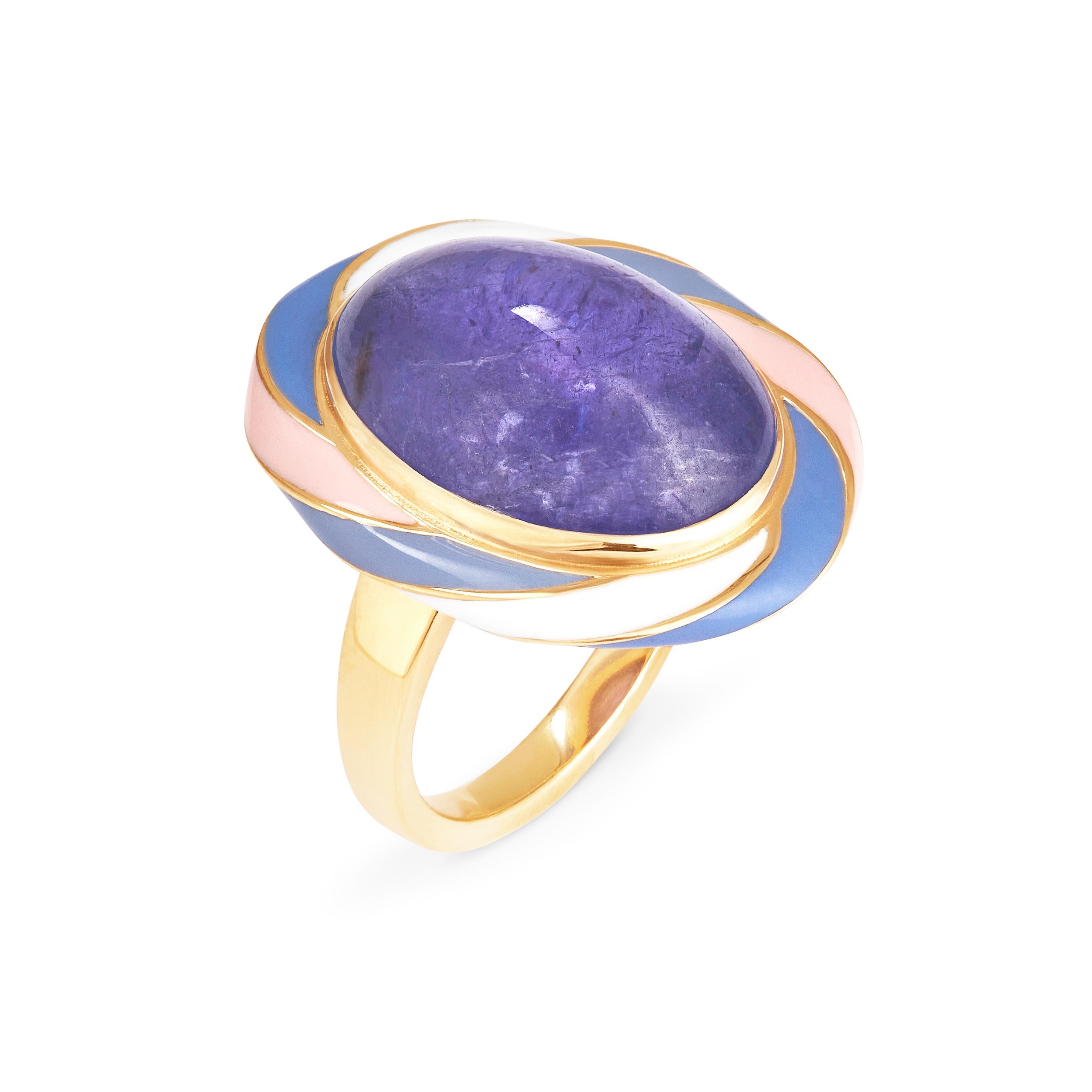 Prepare to be enveloped in a sensory feast like no other as you embark on a journey with this mesmerizing gold ring. Indulge your senses as you gaze upon your finger, bedazzled by the breathtaking sight of a tanzanite Parma Violet creation that