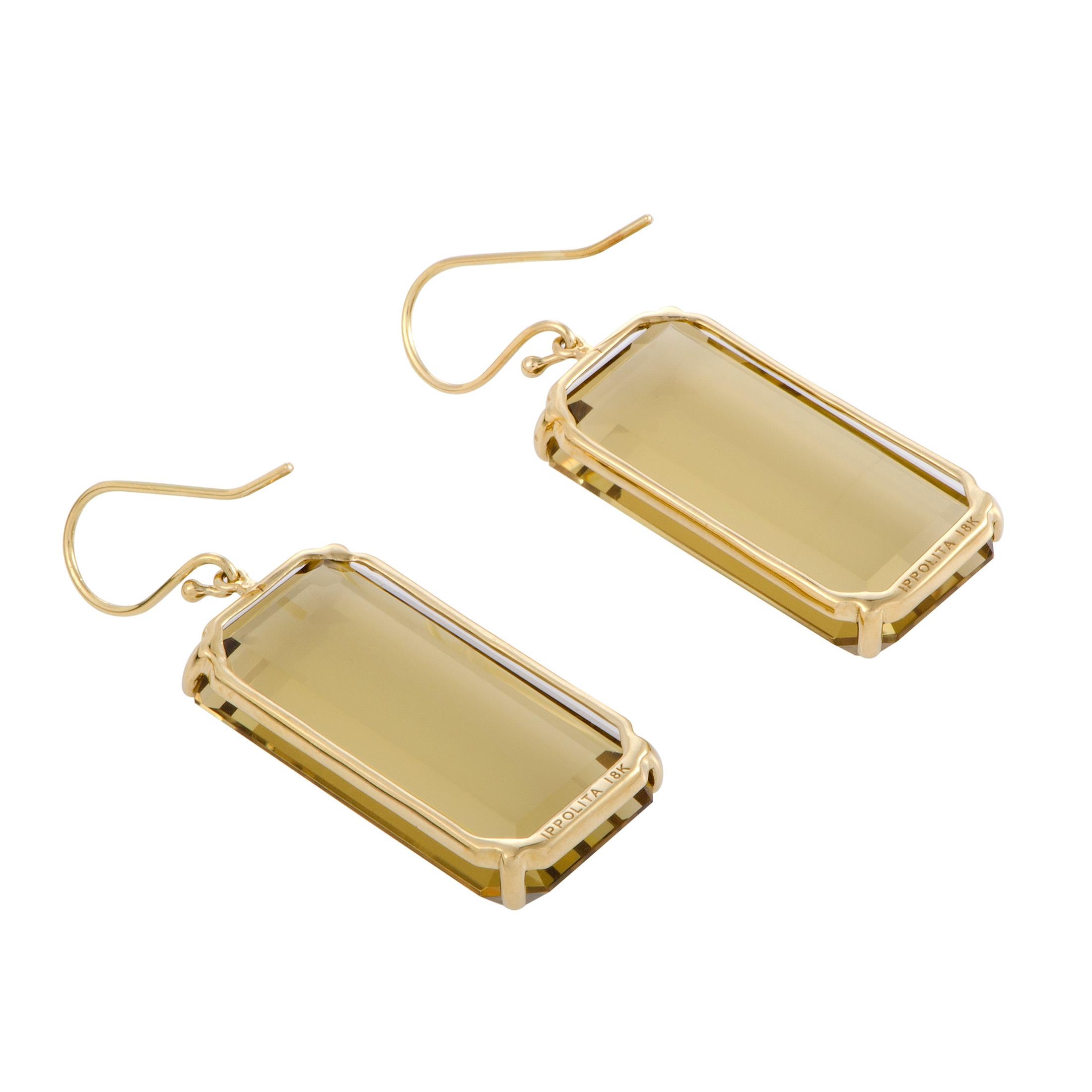 Rock Candy 18 Karat Yellow Gold Orange Citrine Rectangular Dangle Earrings In Excellent Condition In Southampton, PA