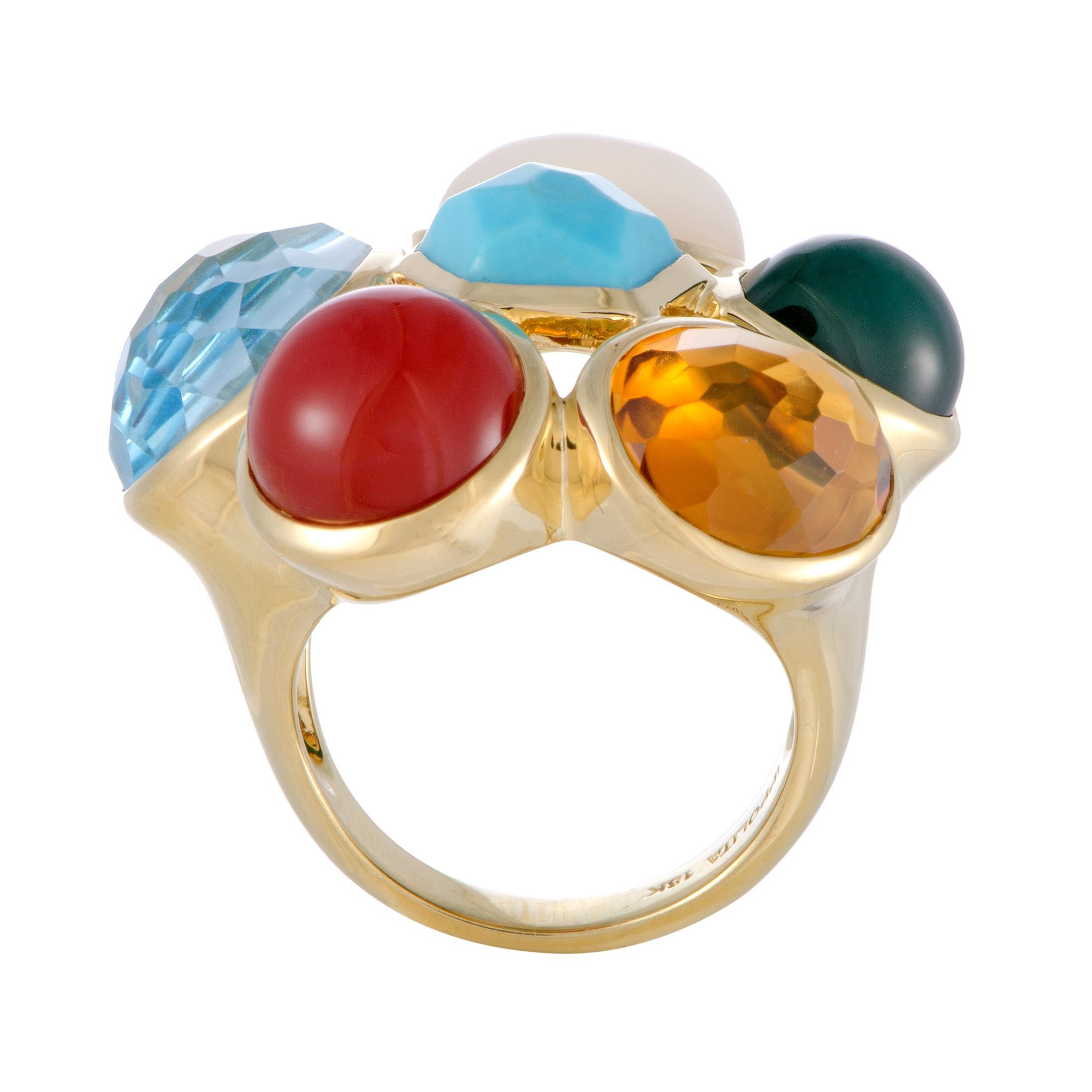 Featuring six diversely cut gems in attractive colors that are set onto an exceptionally crafted 18K yellow gold body, this marvelous ring from Ippolita’s “Rock Candy”  collection offers eye-catching fashionable appearance.
Ring Top Dimensions: 32mm