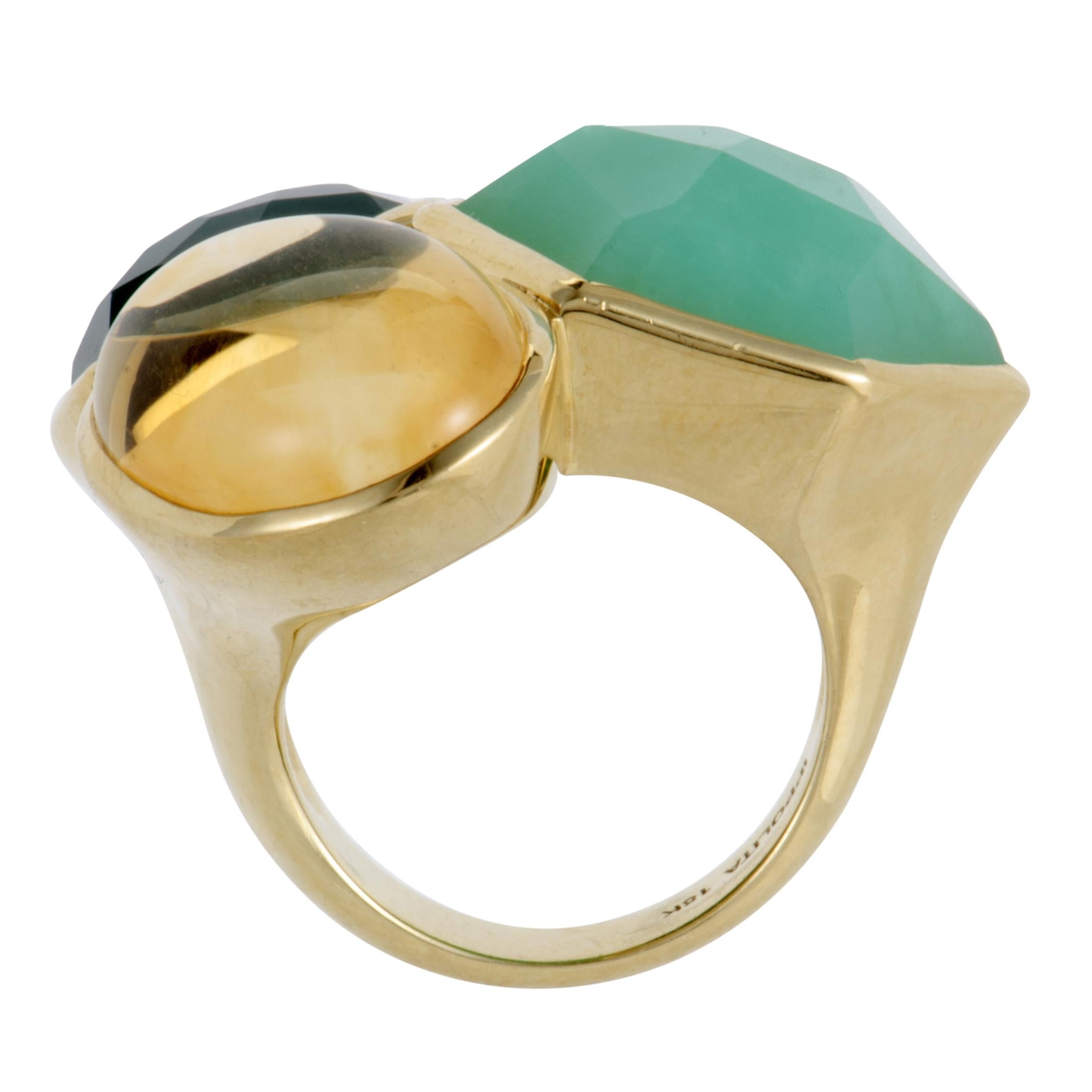 The alluring combination of warm gleaming tones and regal green nuances is featured in this spectacular 18K yellow gold ring from Ippolita’s  majestic “Rock Candy” collection that boasts eye-catching design and ingenious décor.
Ring Top Dimensions: