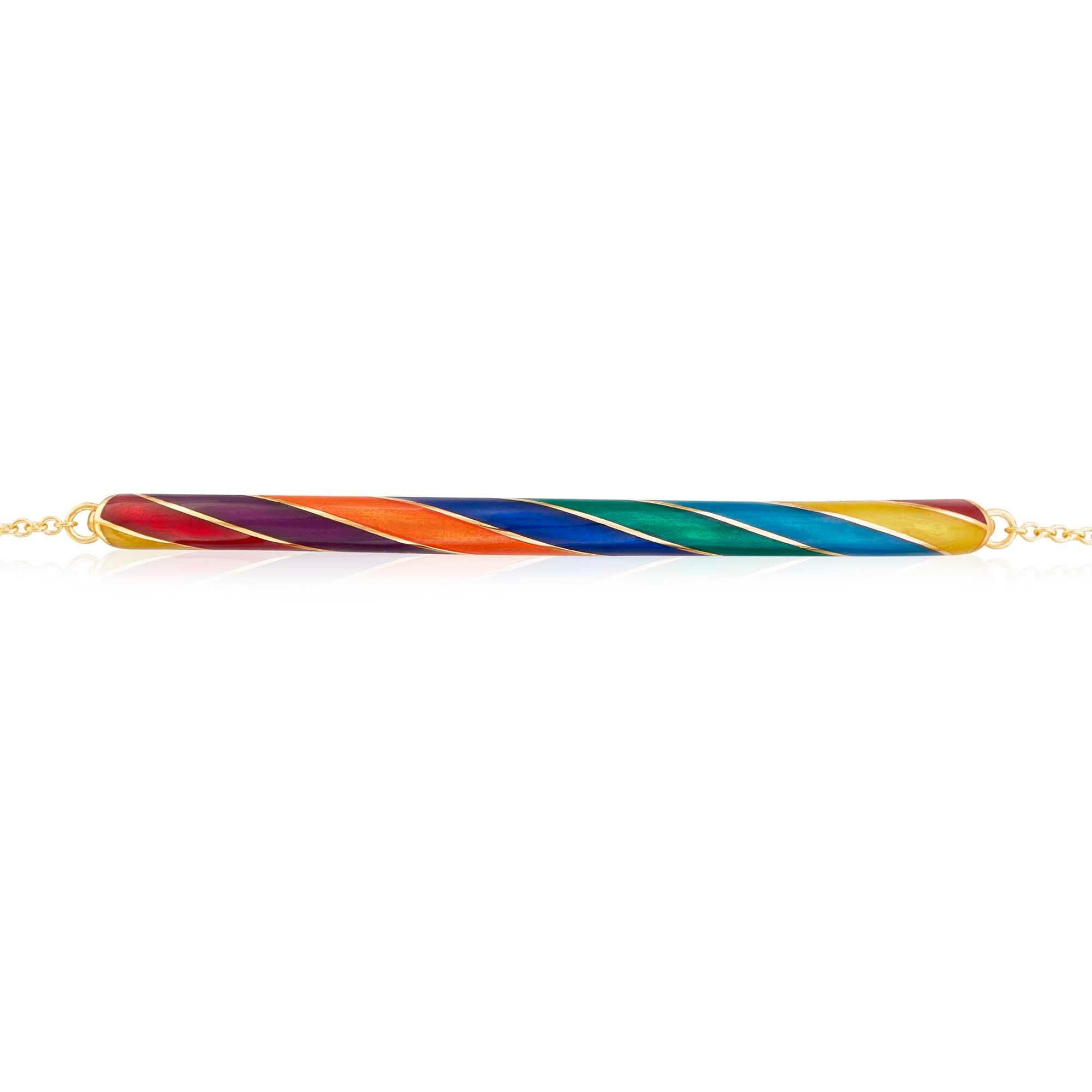 Indulge your senses with the mesmerizing swirls of rock candy brought to life in a bracelet that is almost good enough to eat! Prepare to adorn your wrist with a truly spectacular rainbow piece, meticulously handcrafted in 18ct yellow gold and cold
