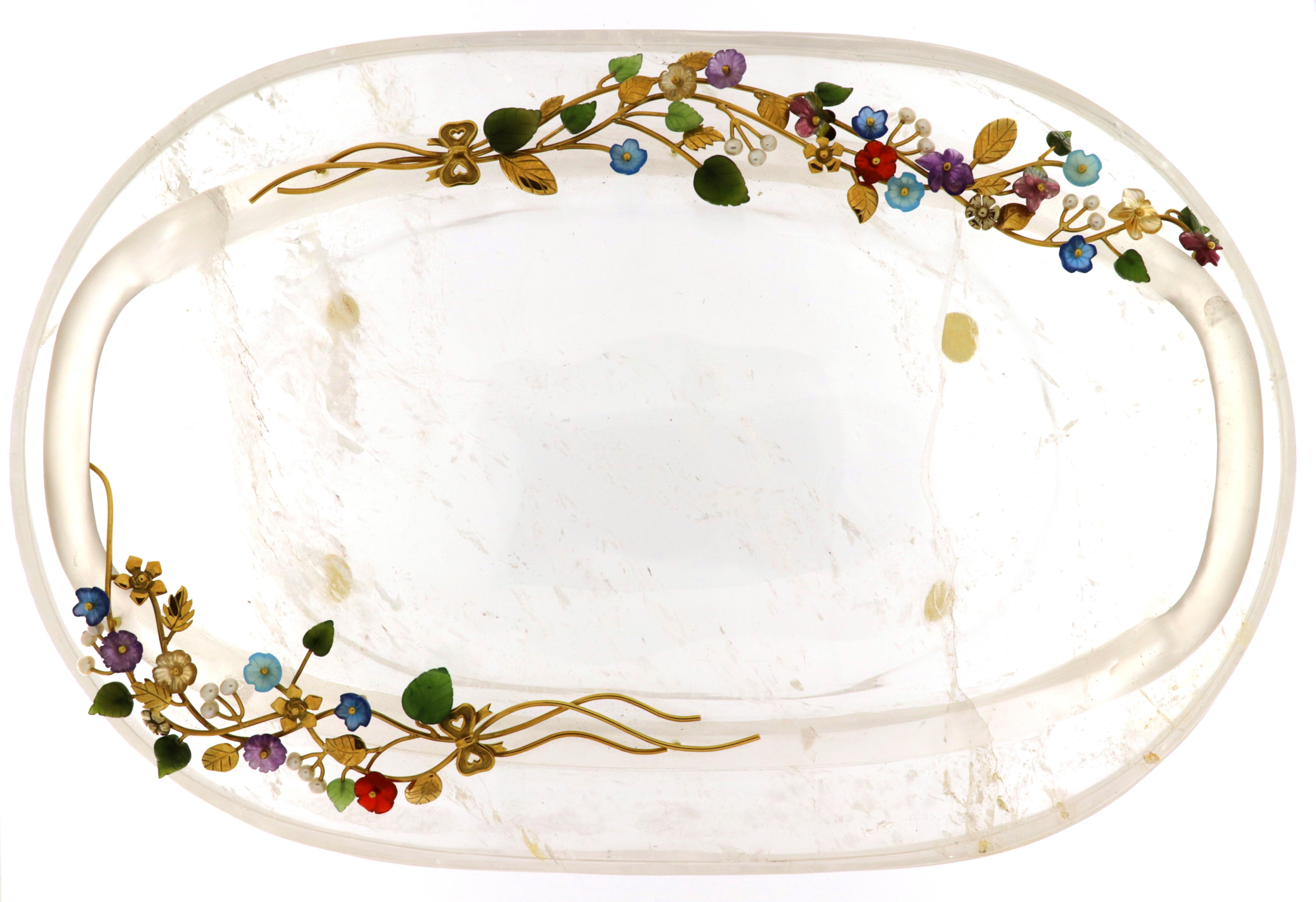 Rose Cut Rock Cristal Box with Yellow Gold Elements and Semiprecious Stones as Flowers For Sale