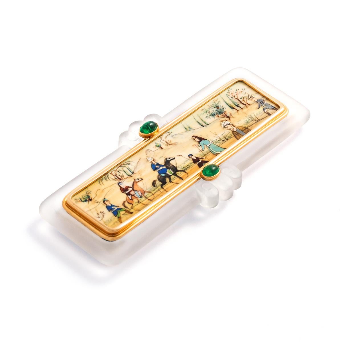 Ludwig Muller GENEVE.
Rock Cristal Cabochon Emerald Painting representing a Persian scene probably from Shahnameh (Poetry Book by Ferdowsi) mounted as a Brooch.
Signed Ludwig Muller GENEVE.
Width: 9.00 centimeters.
Height: 4.00 centimeters.
Gross