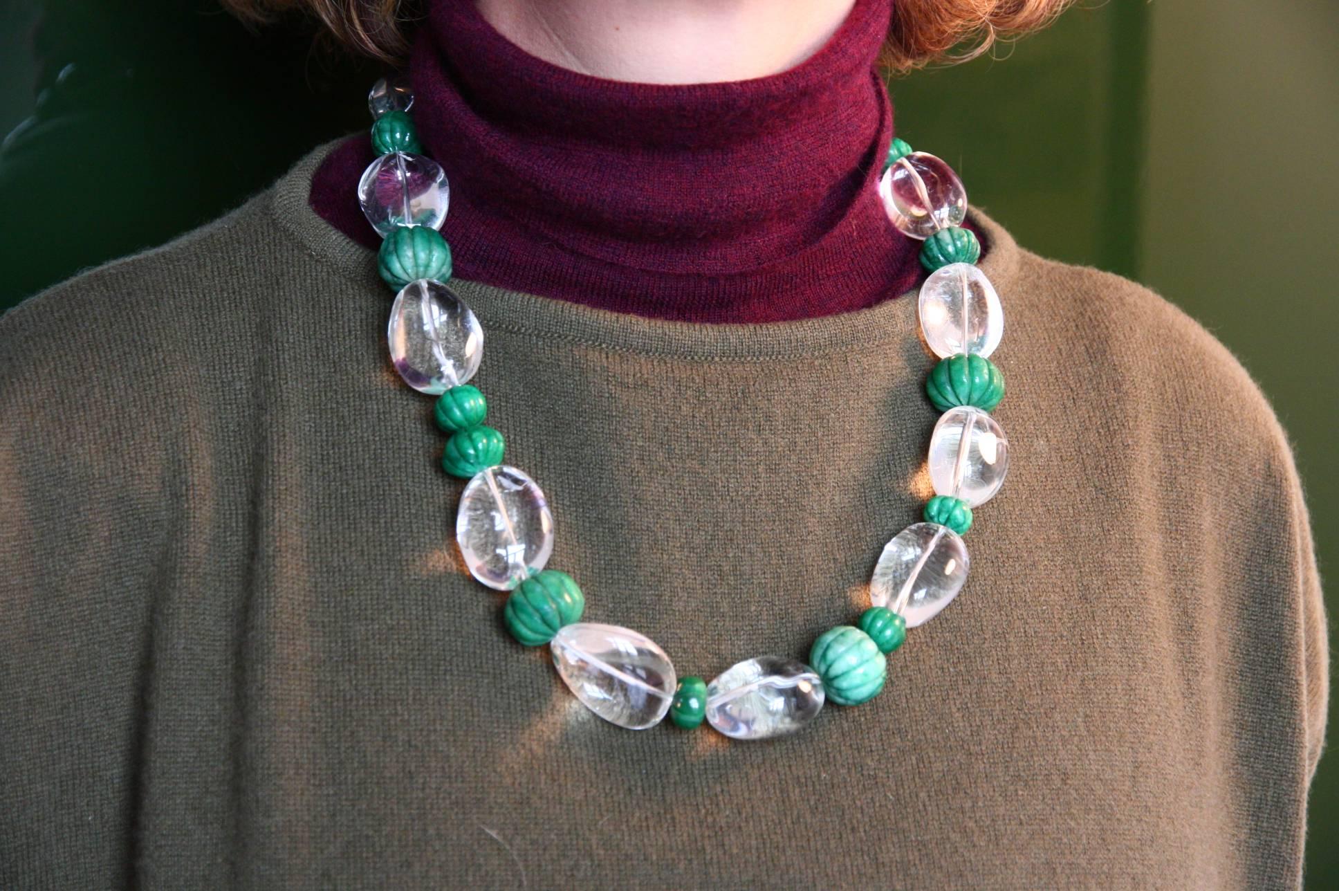 Women's or Men's Rock Cristal Emerald Pumpkins Silver Necklace For Sale