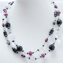 Rock Crustal, Rubies, Diamonds, Onyx, 9 Karat White Gold Necklace.