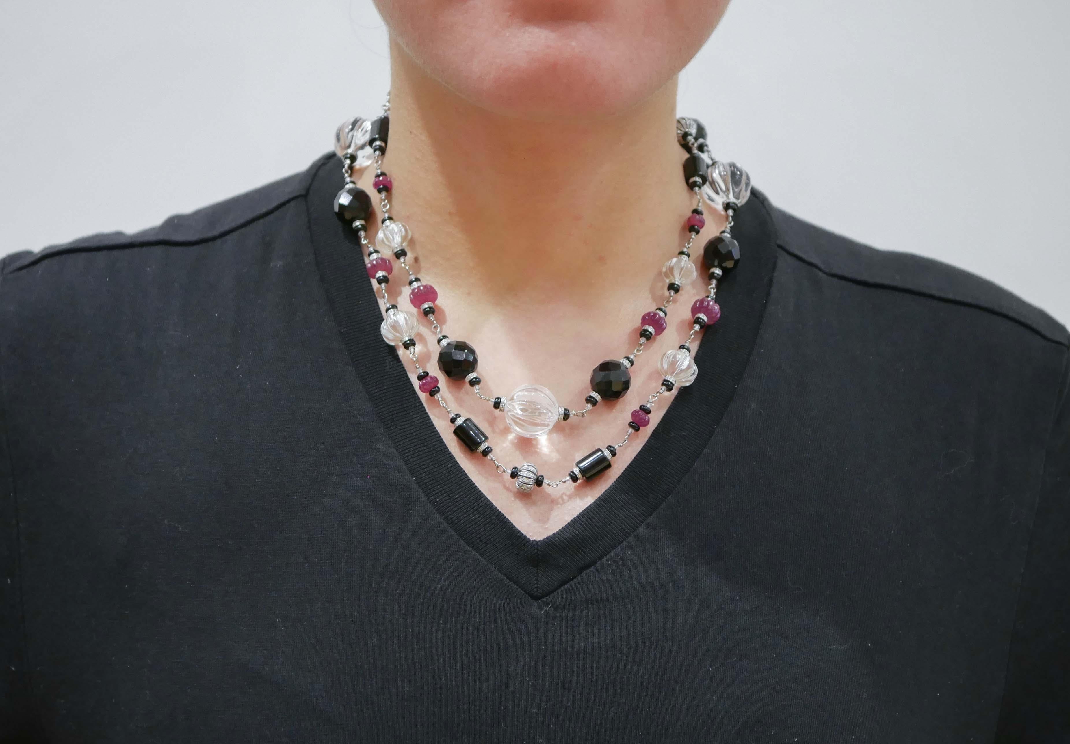 Women's Rock Crustal, Rubies, Diamonds, Onyx, 9 Karat White Gold Necklace.