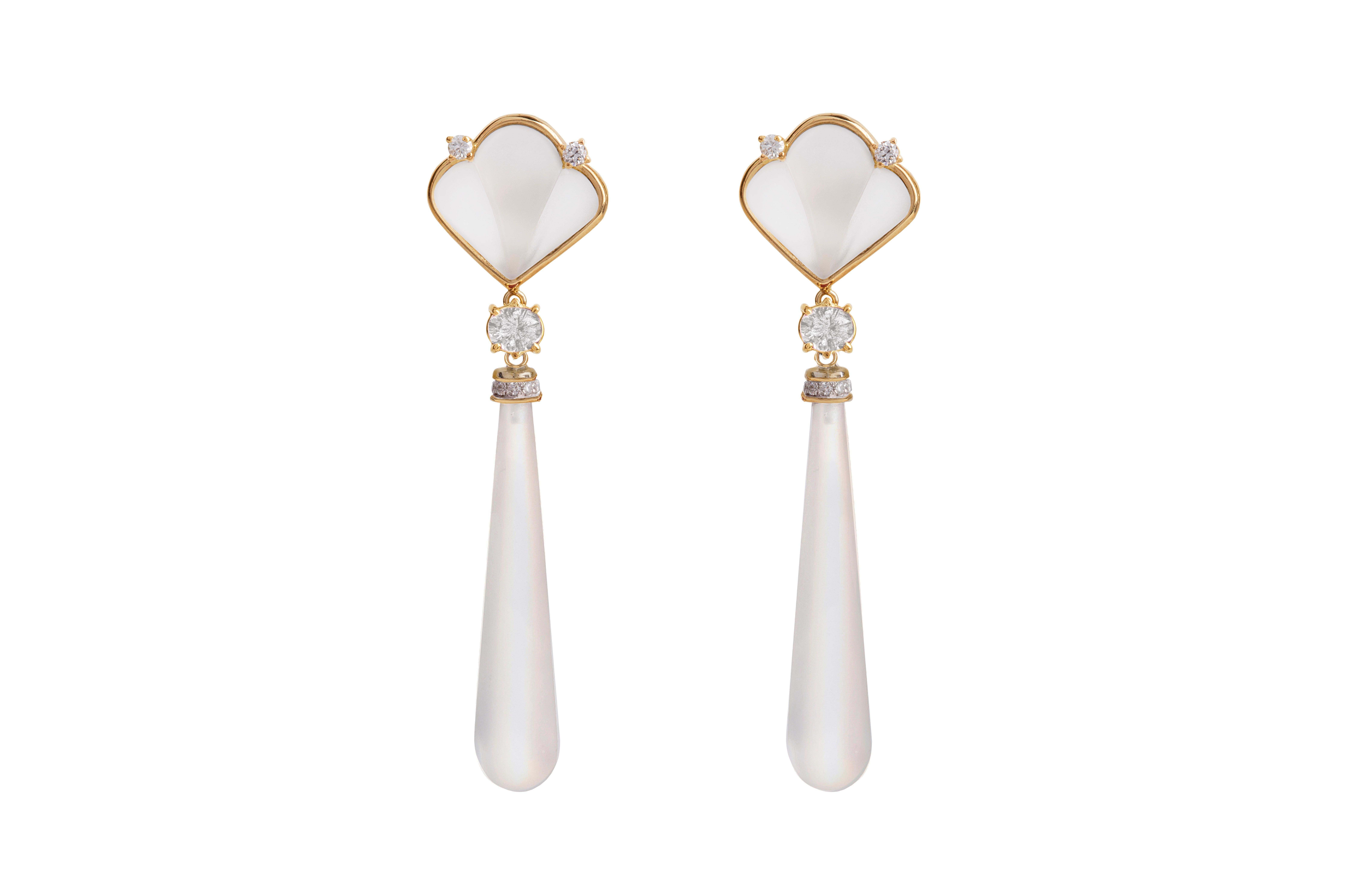 Art Deco Rossella Ugolini Deco Style White Diamonds 18K Yellow Gold Rock Crystal Earrings For Sale