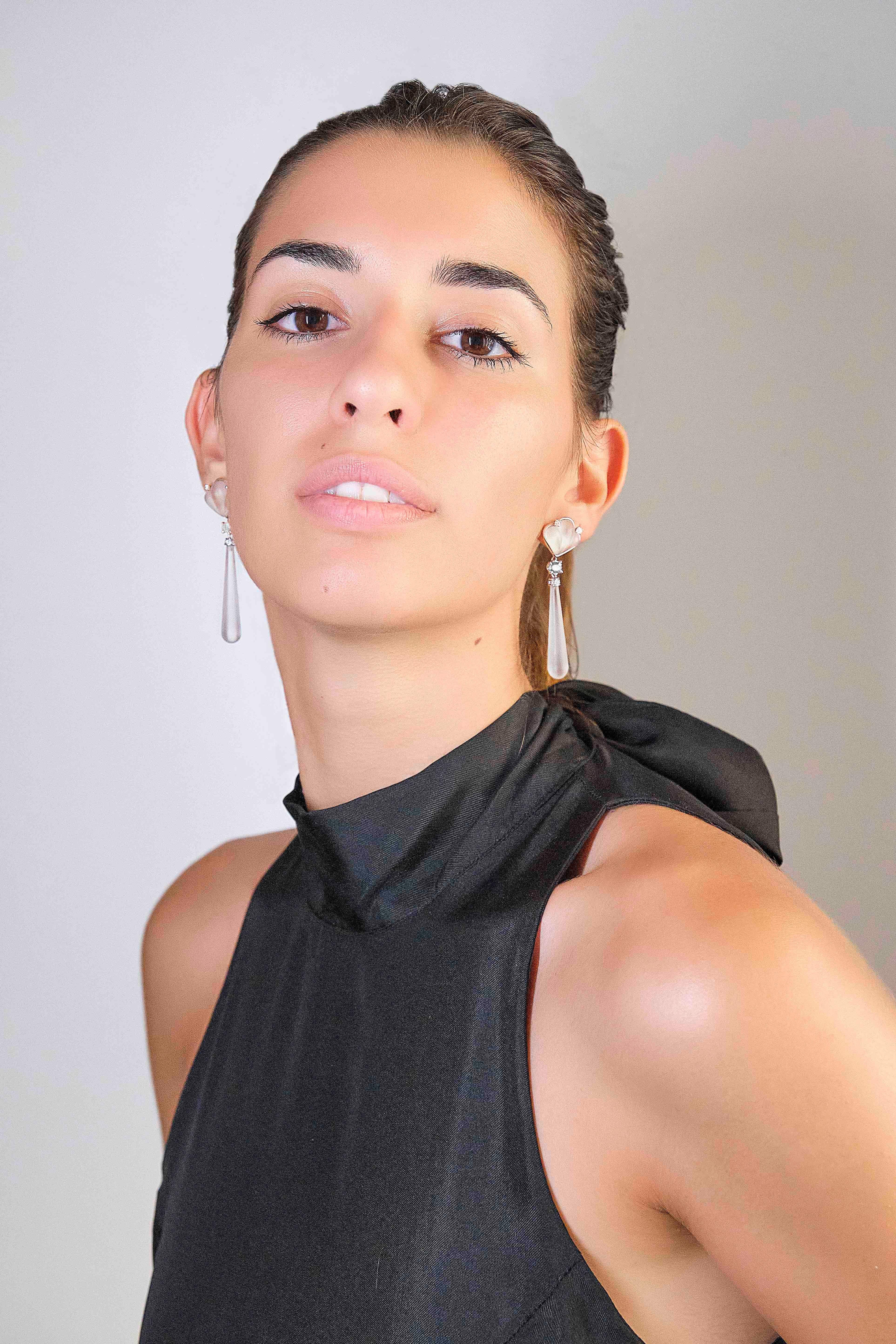 Women's Rossella Ugolini Deco Style White Diamonds 18K Yellow Gold Rock Crystal Earrings For Sale