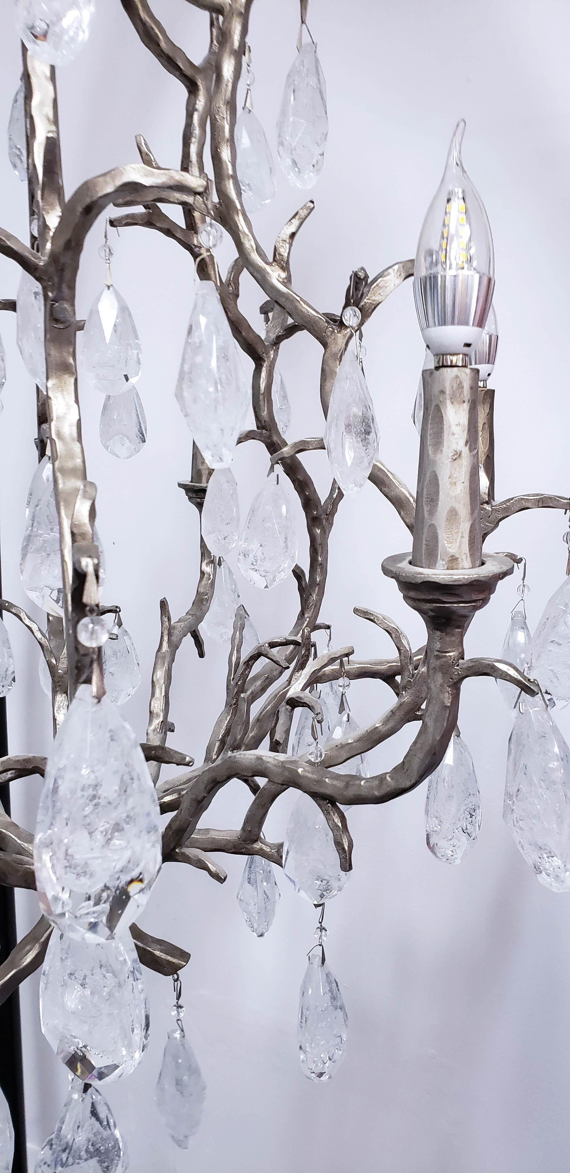 Rock Crystal 6 Arm Handcrafted Iron Twig Chandelier For Sale 4
