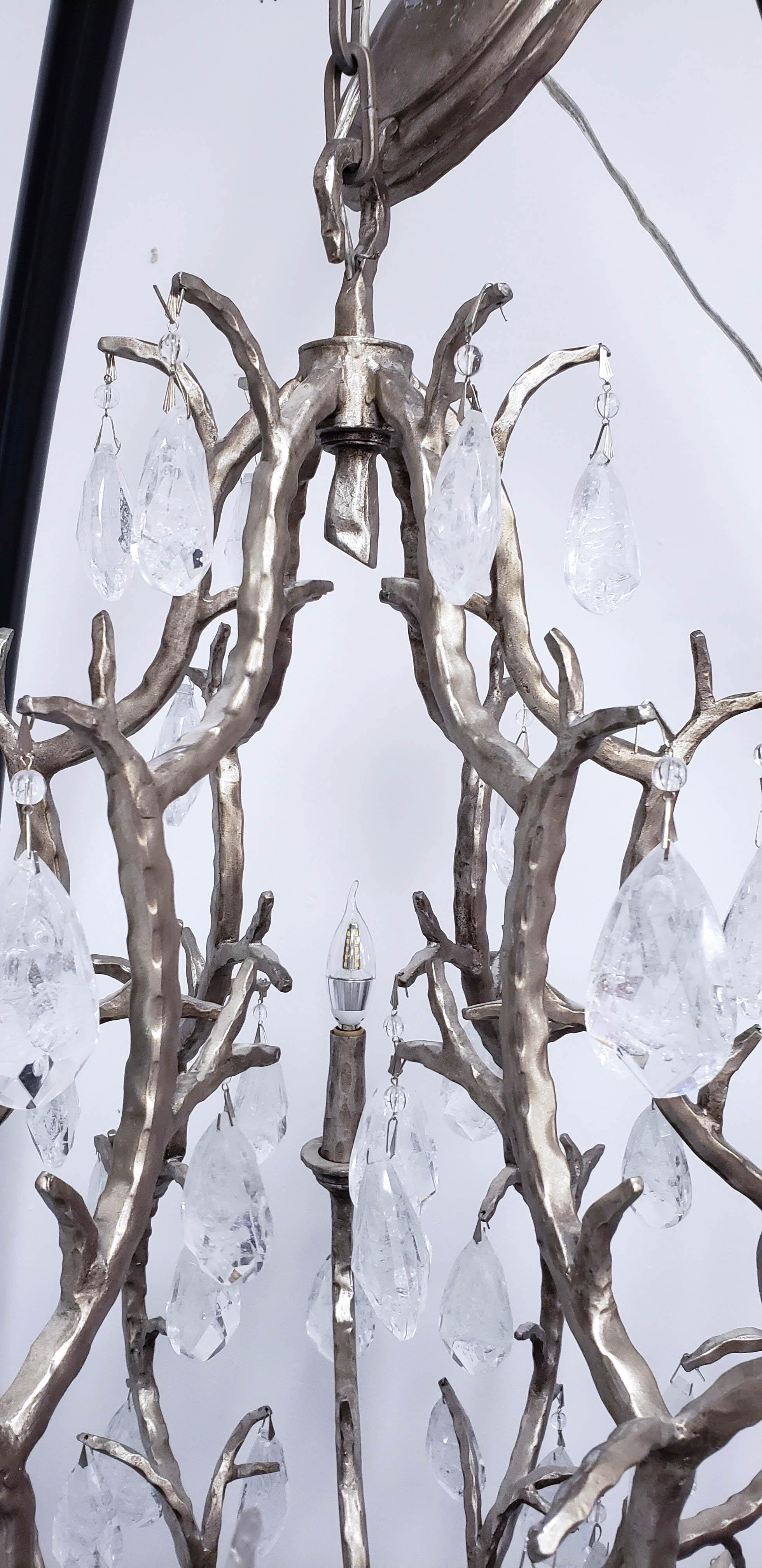 Rock Crystal 6 Arm Handcrafted Iron Twig Chandelier For Sale 8