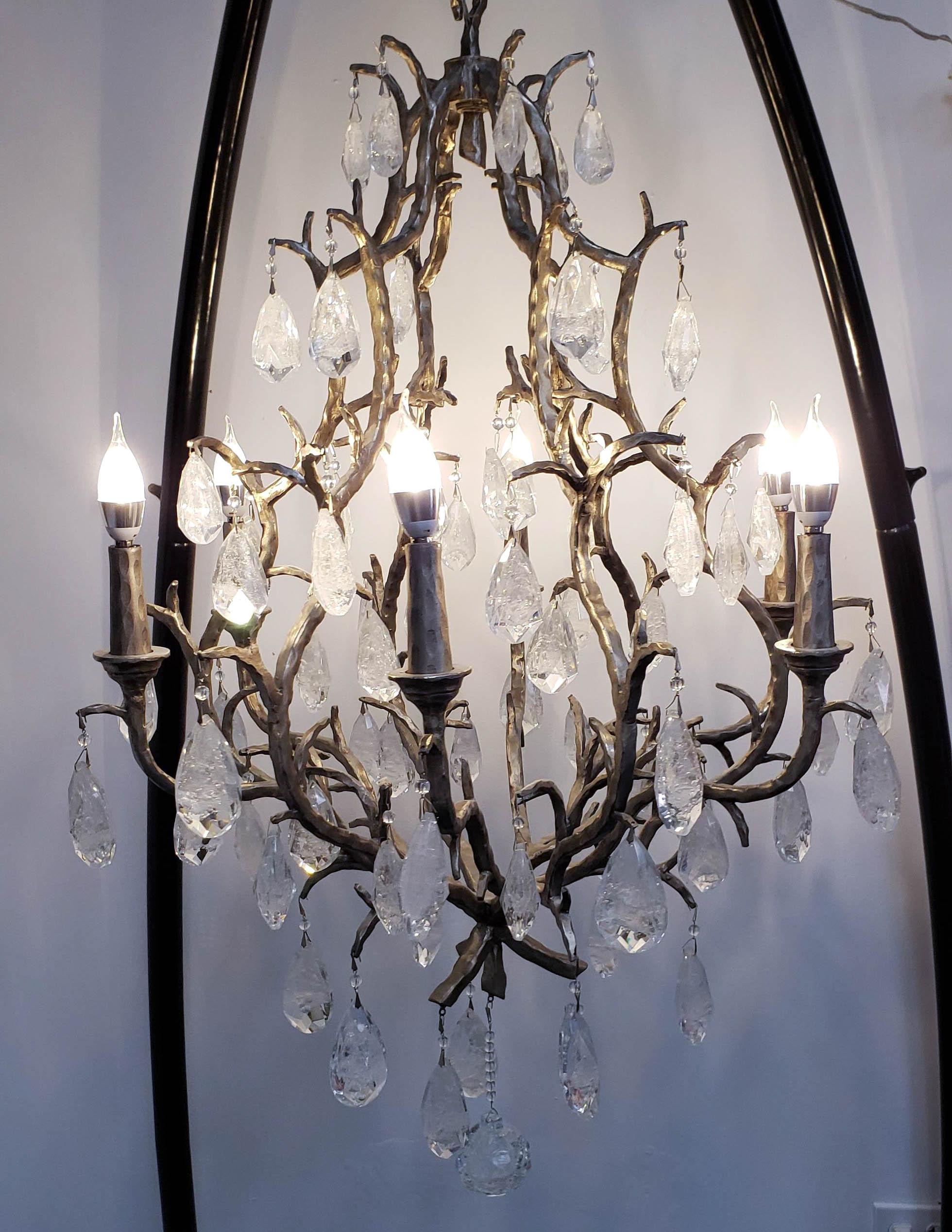 American Rock Crystal 6 Arm Handcrafted Iron Twig Chandelier For Sale