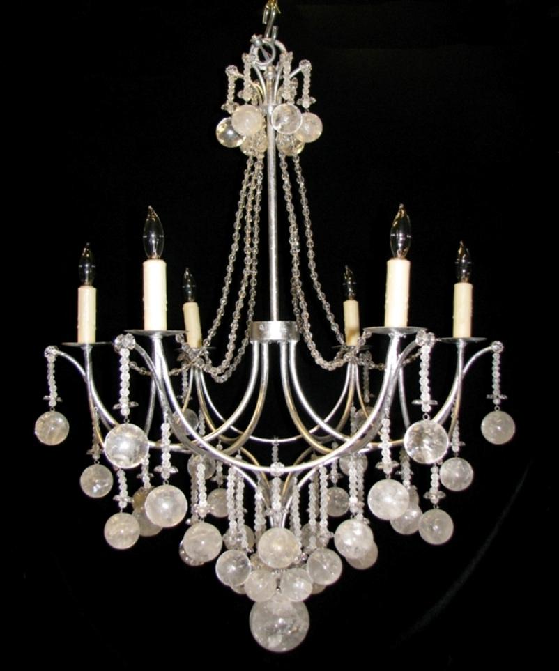 Fine hand carved and hand polished Rock Crystal 6 light chandelier, with rock crystal balls allover 
It comes in multi finishes  