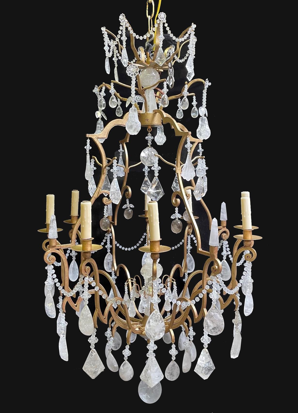 American Rock Crystal 8 Light Gilt Chandelier, Louis XV Style For Sale