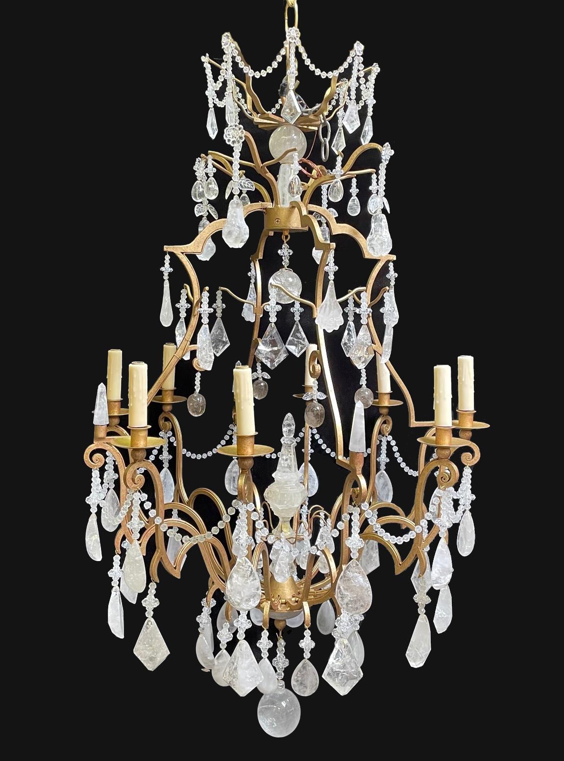 Hand-Crafted Rock Crystal 8 Light Gilt Chandelier, Louis XV Style For Sale