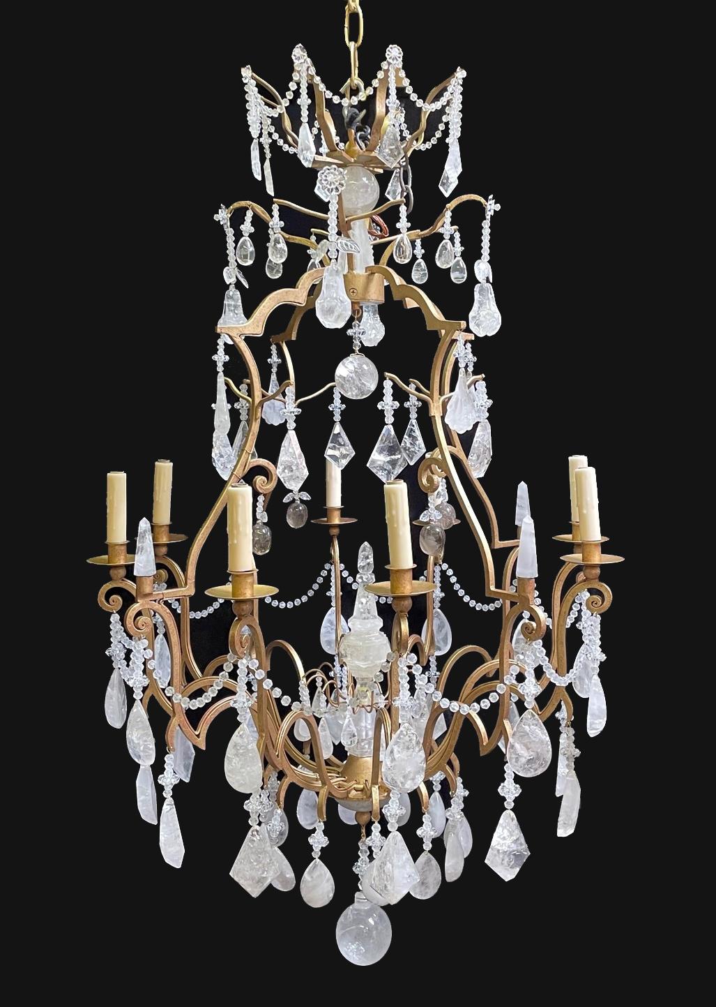 Rock Crystal 8 Light Gilt Chandelier, Louis XV Style In Good Condition For Sale In Cypress, CA