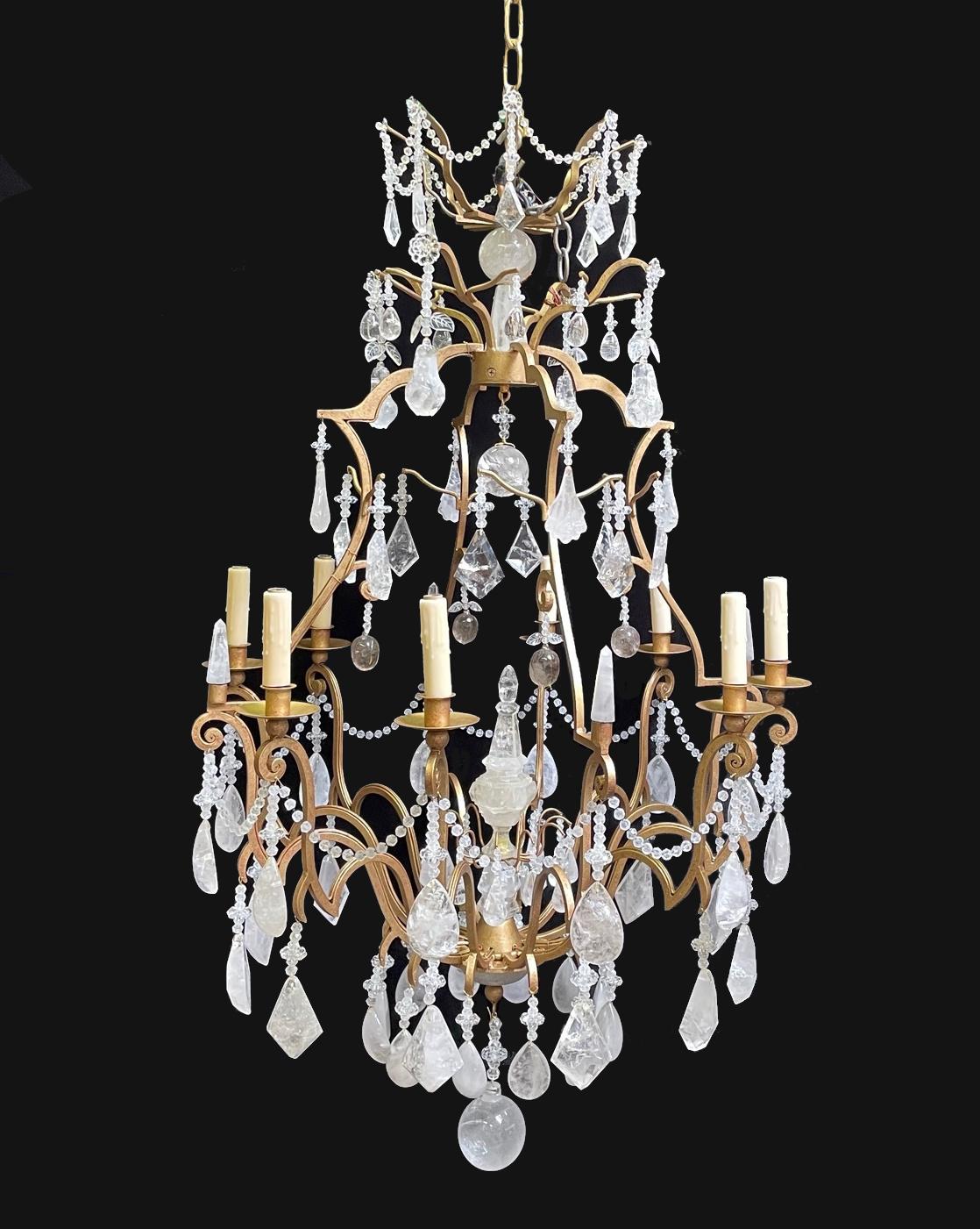 Contemporary Rock Crystal 8 Light Gilt Chandelier, Louis XV Style For Sale