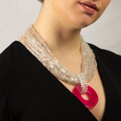 Rock Crystal Agate Fuchsia 925 Sterling Silver Multi Strand Beaded Necklace