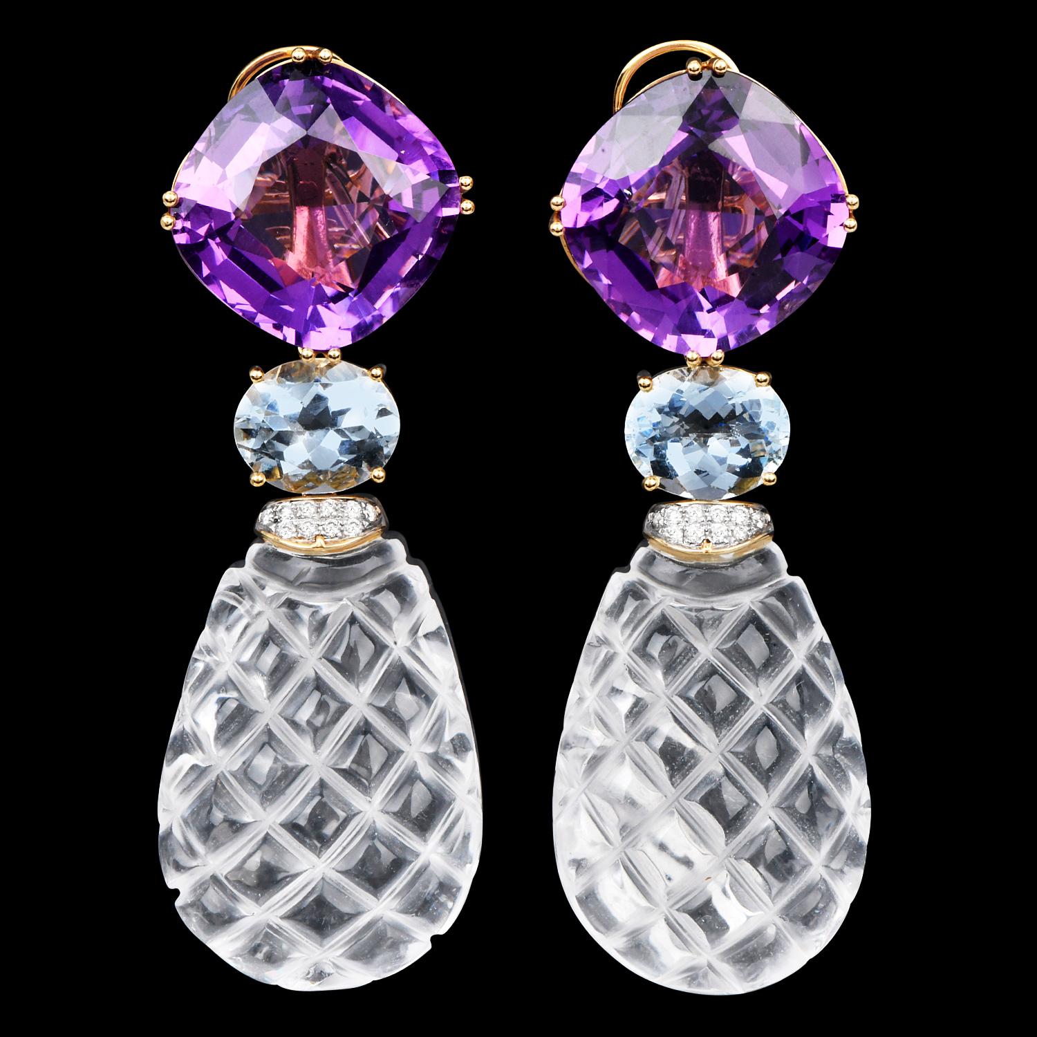 Orecchini con cristalli di rocca, ametista, acquamarina e diamanti in oro 18k In condizioni ottime in vendita a Miami, FL