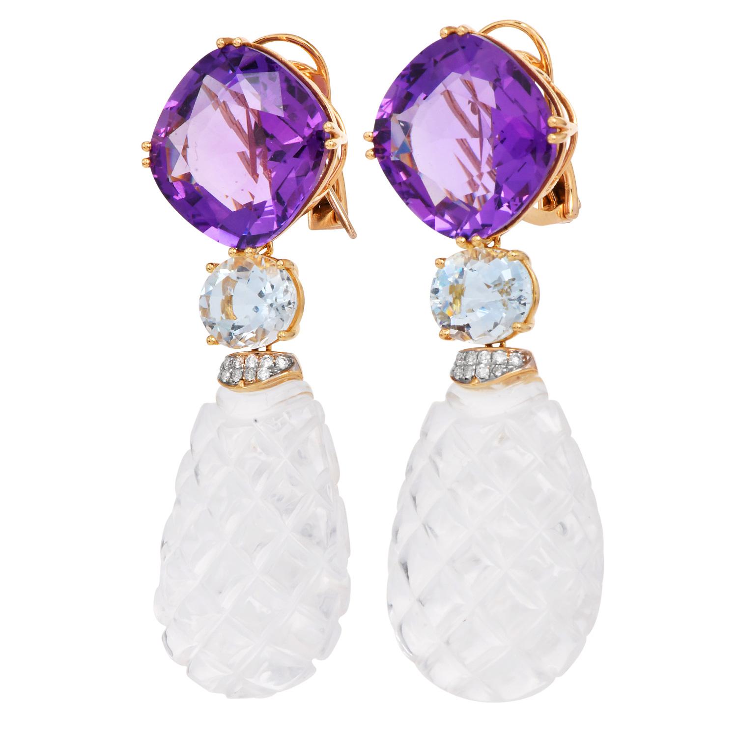 Donna Orecchini con cristalli di rocca, ametista, acquamarina e diamanti in oro 18k in vendita