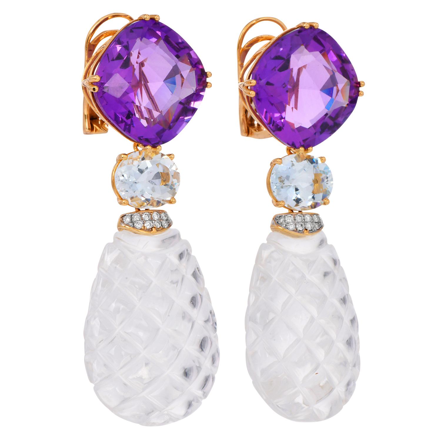 Orecchini con cristalli di rocca, ametista, acquamarina e diamanti in oro 18k in vendita 1
