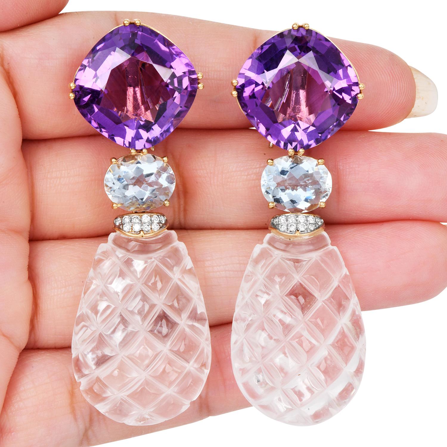 Orecchini con cristalli di rocca, ametista, acquamarina e diamanti in oro 18k in vendita 2